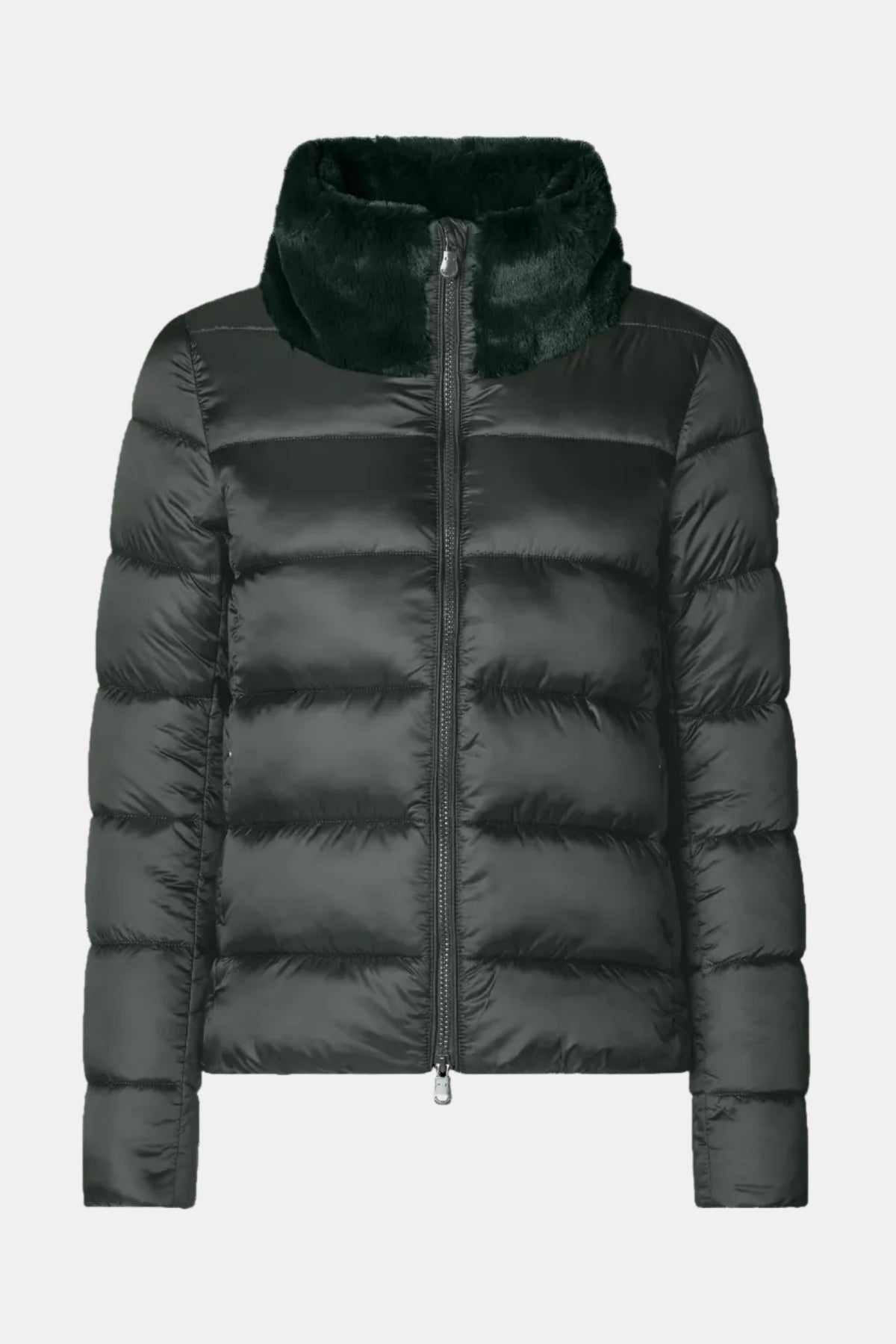 A dark gray puffer jacket with a high, dark green faux-fur collar, shown against a plain white background.