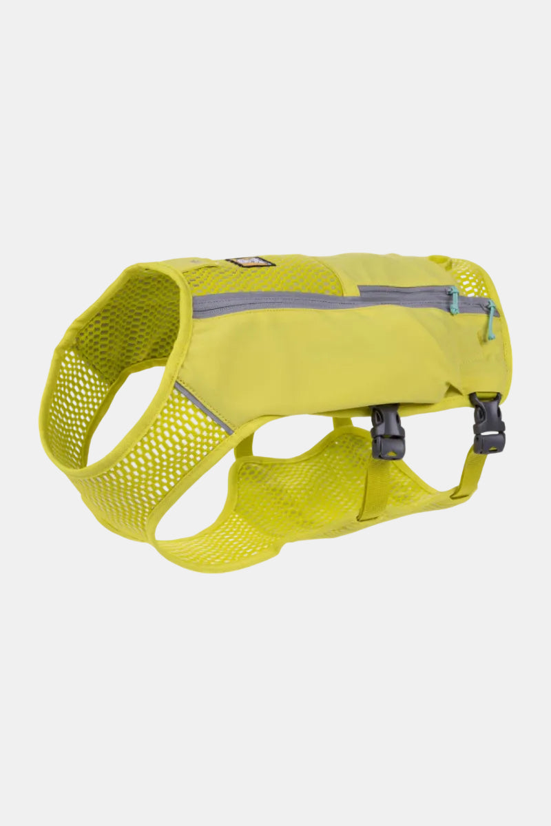 Yellow dog harness with mesh design on a white background
