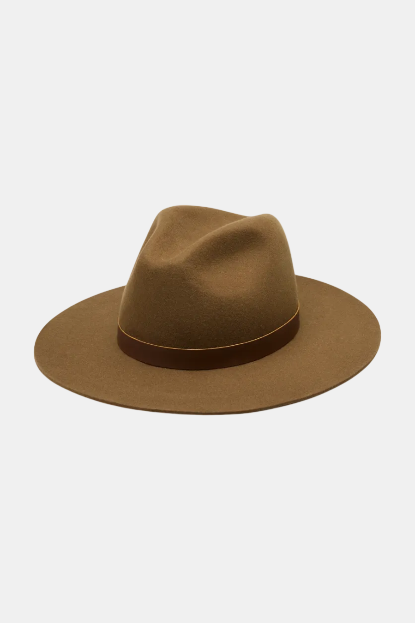 Brown fedora hat with a brown band on a white background
