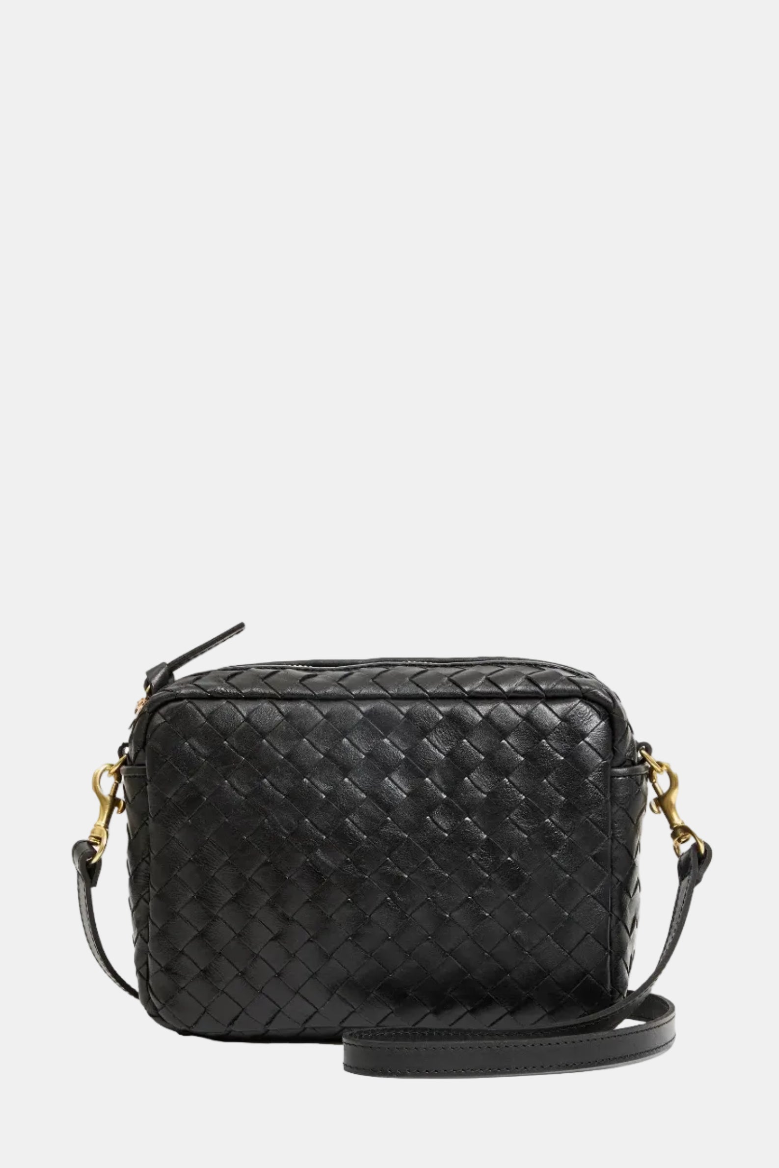 A black woven leather crossbody camera bag with gold-tone hardware and a matching black strap, shown against a plain white background.