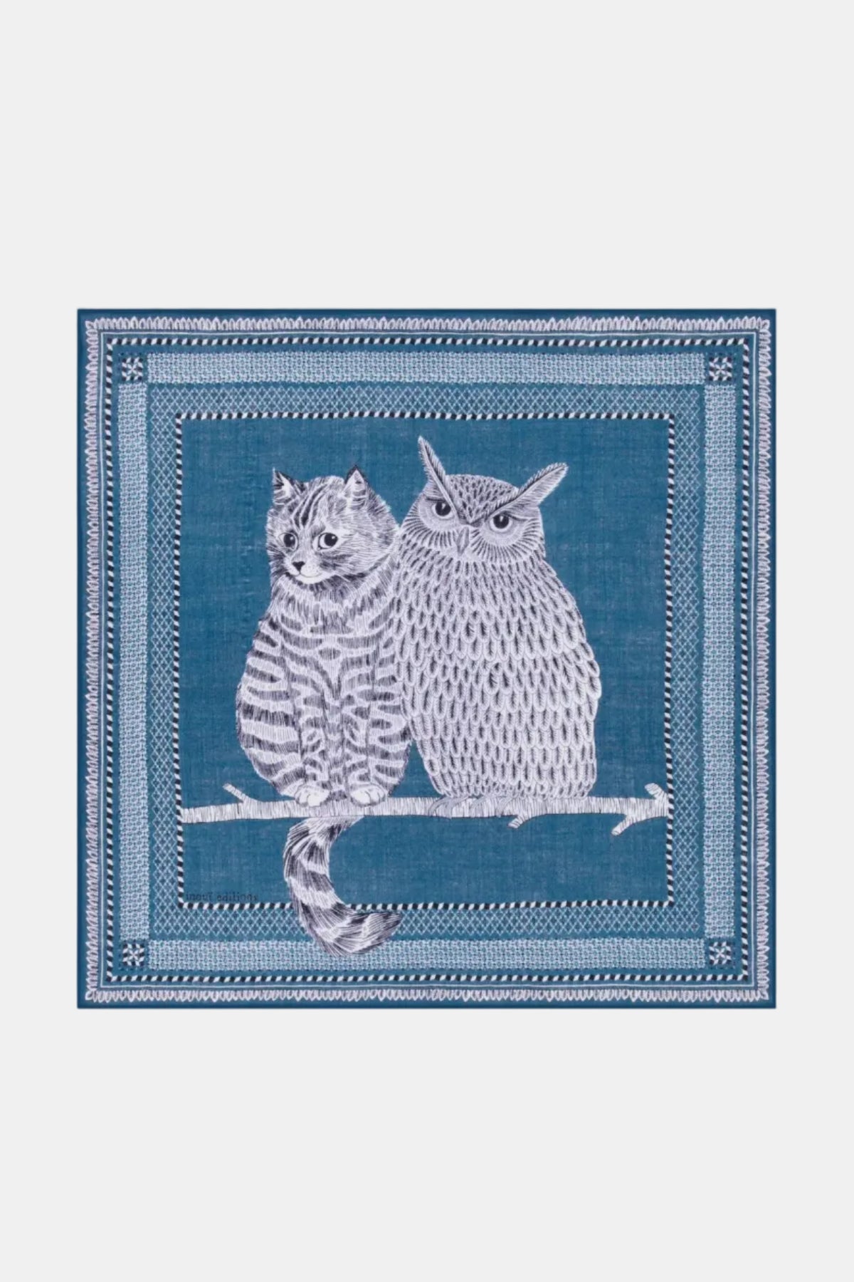 Decorative scarf with a cat and owl design on a blue background
