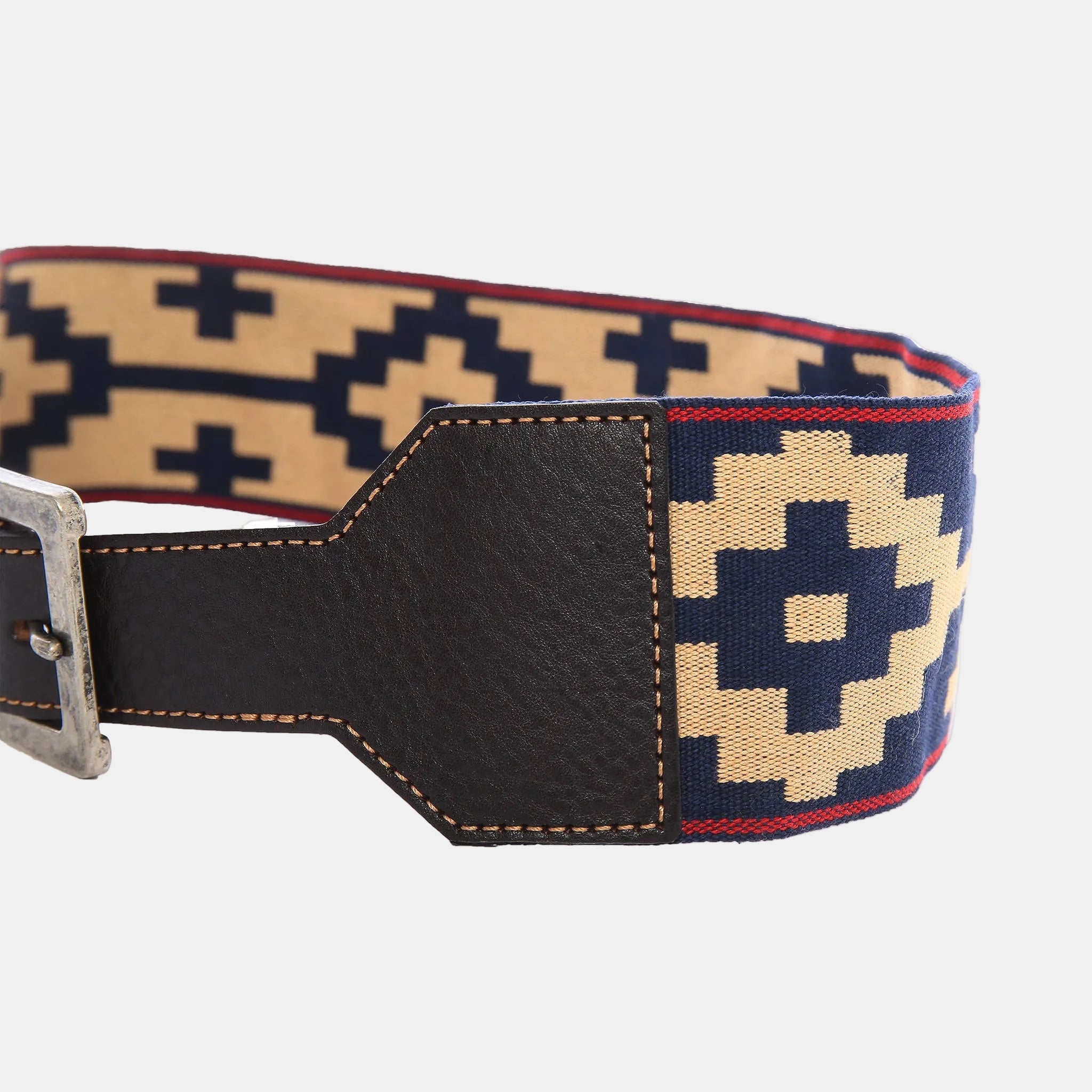 Belt with geometric pattern and leather buckle on a white background