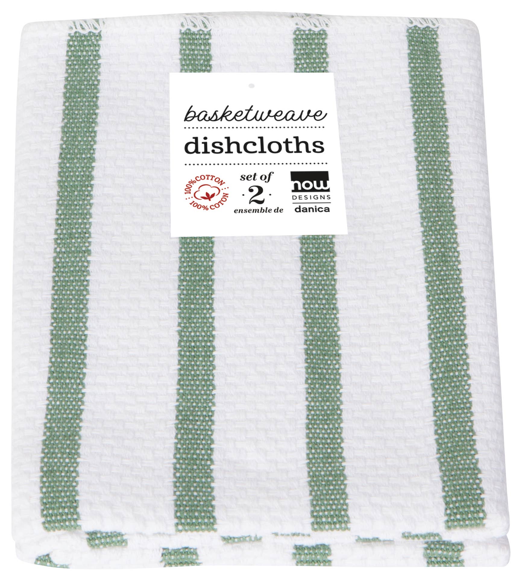 White dishcloth with green stripes and a label on a white background
