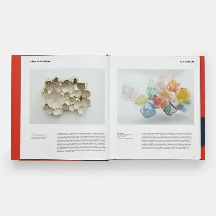Open book displaying images of artistic sculptures on a white background