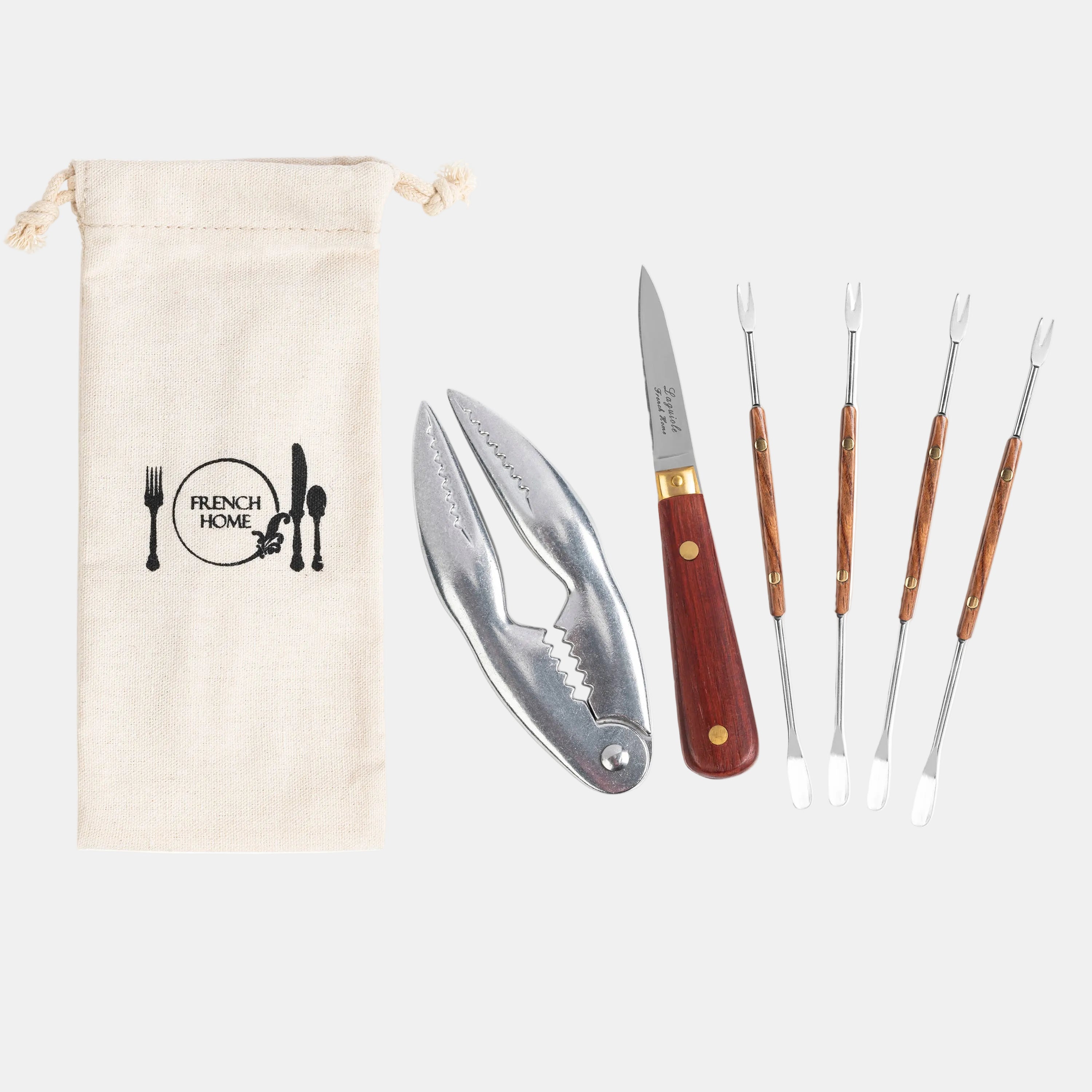 Set of kitchen utensils including a crimping tool, knife, and four small brushes with a branded pouch on a white background.