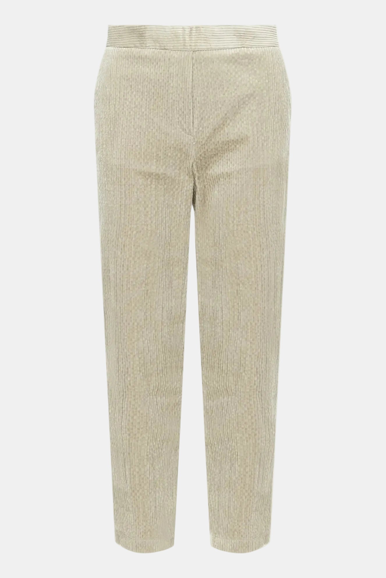 A pair of cropped trousers in a textured beige fabric, shown flat against a solid white background.