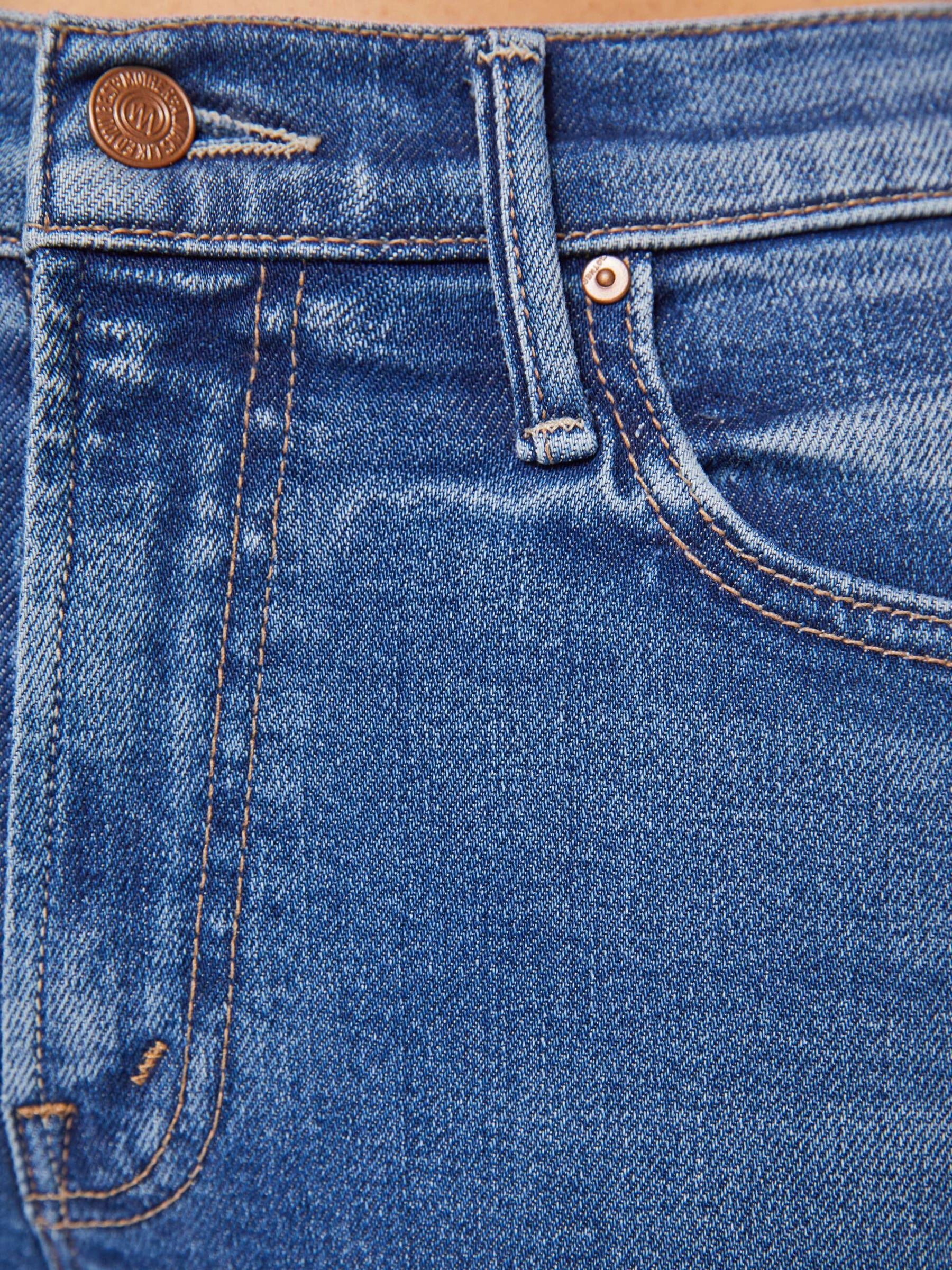 Close-up of blue denim jeans showing the waistband, belt loops, front pocket, and stitching details.
