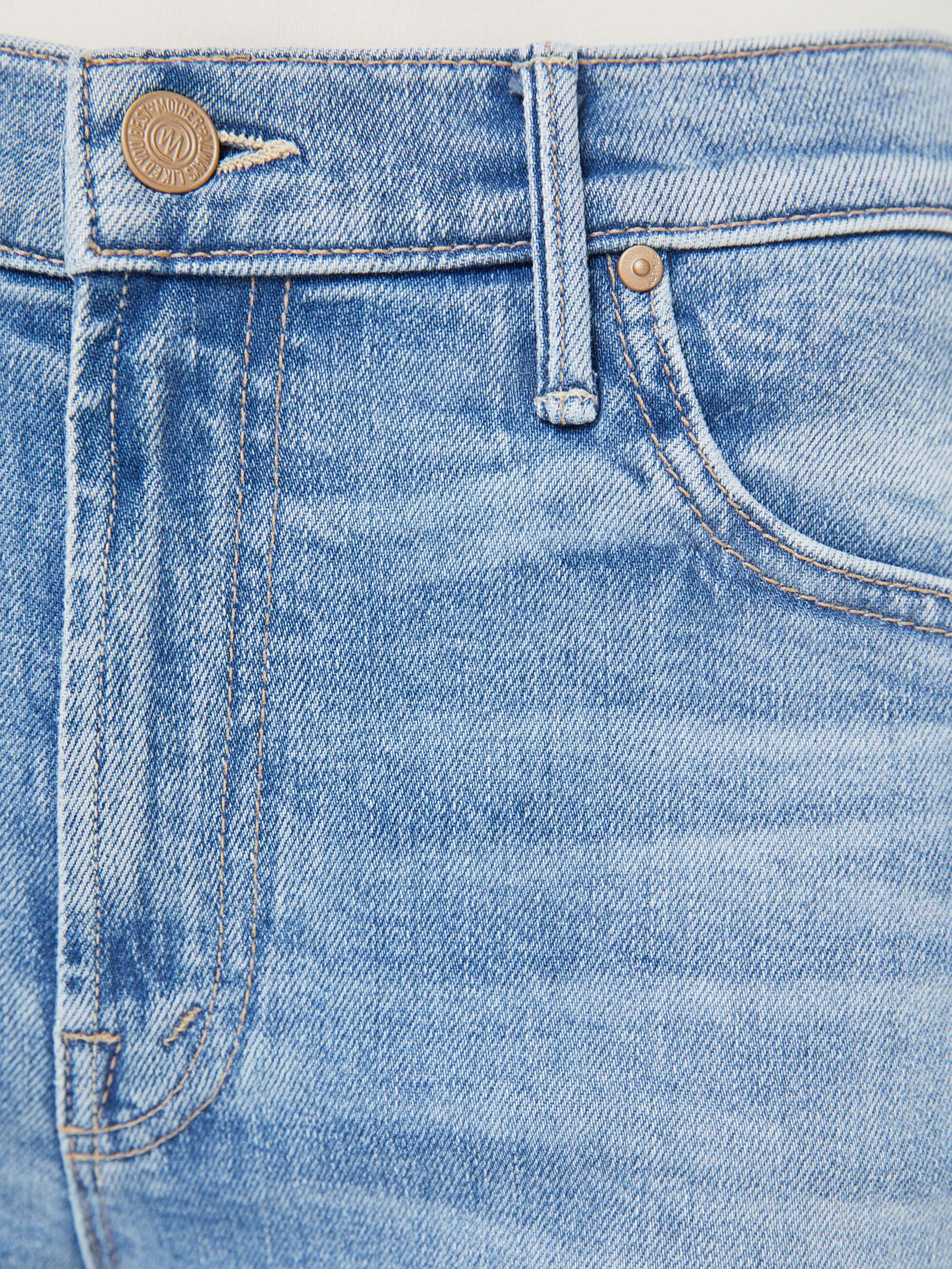 Close-up of blue denim jeans with stitching details