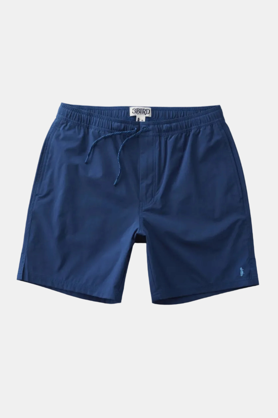 Blue shorts with a brand logo on a light gray background