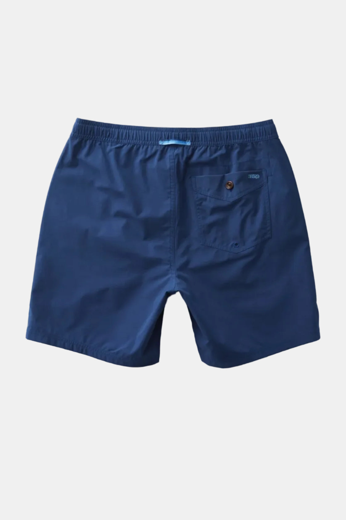 Blue shorts with a brand logo on a light gray background