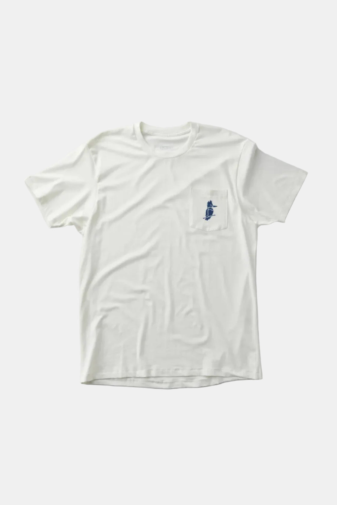 White t-shirt with a small blue logo on a light gray background
