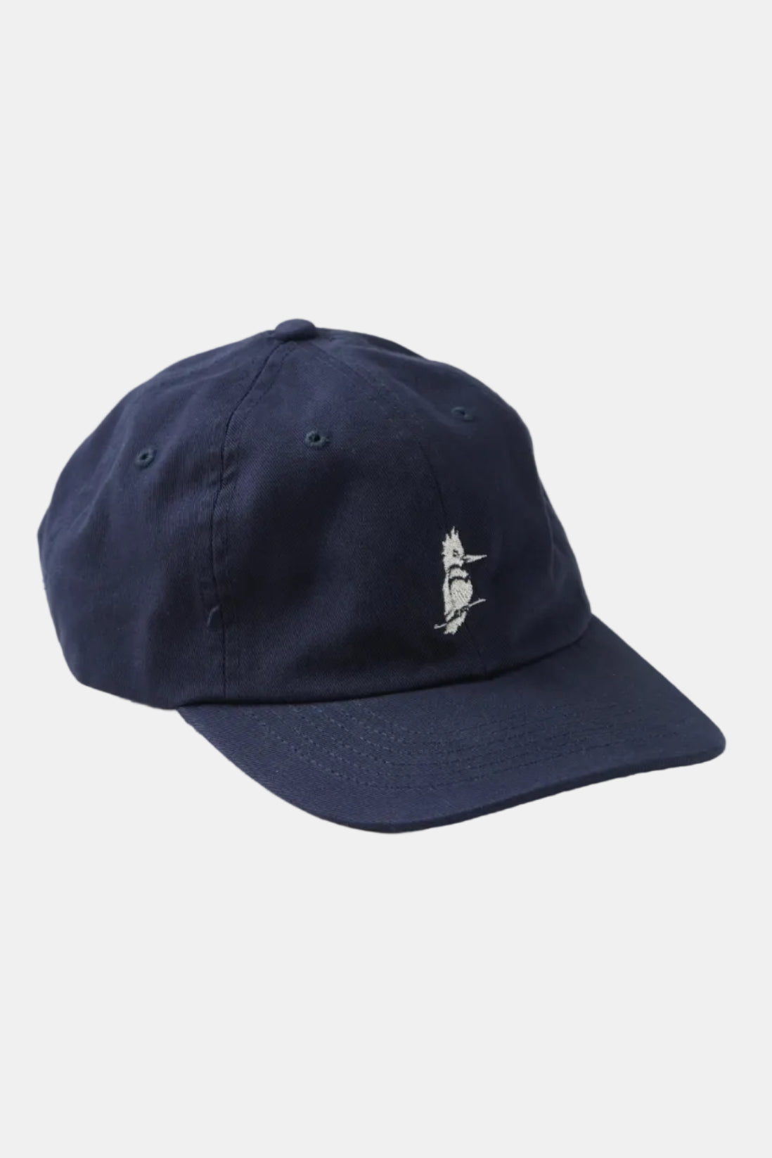 Navy blue cap with a small white logo on a light gray background