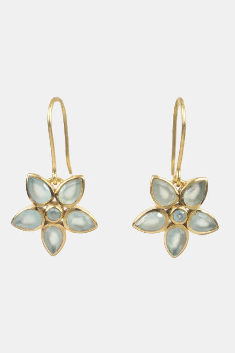 A pair of gold flower-shaped drop earrings with pale blue-green cabochon stones, shown on a plain white background.