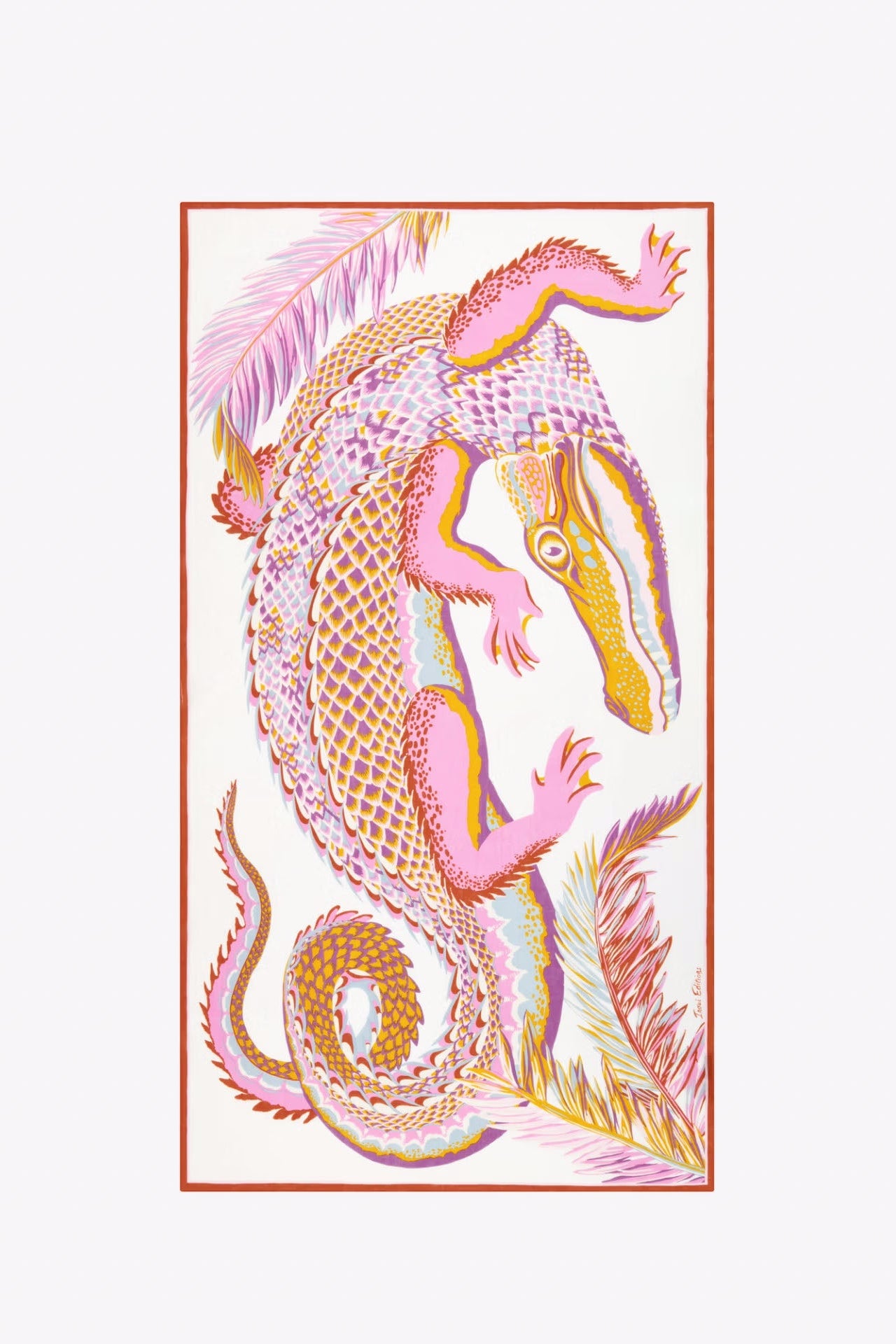 A vertical rectangular art print featuring a stylized coqui frog illustration in pink, yellow, orange, and purple tones on a white background, framed by a thin reddish-brown border.