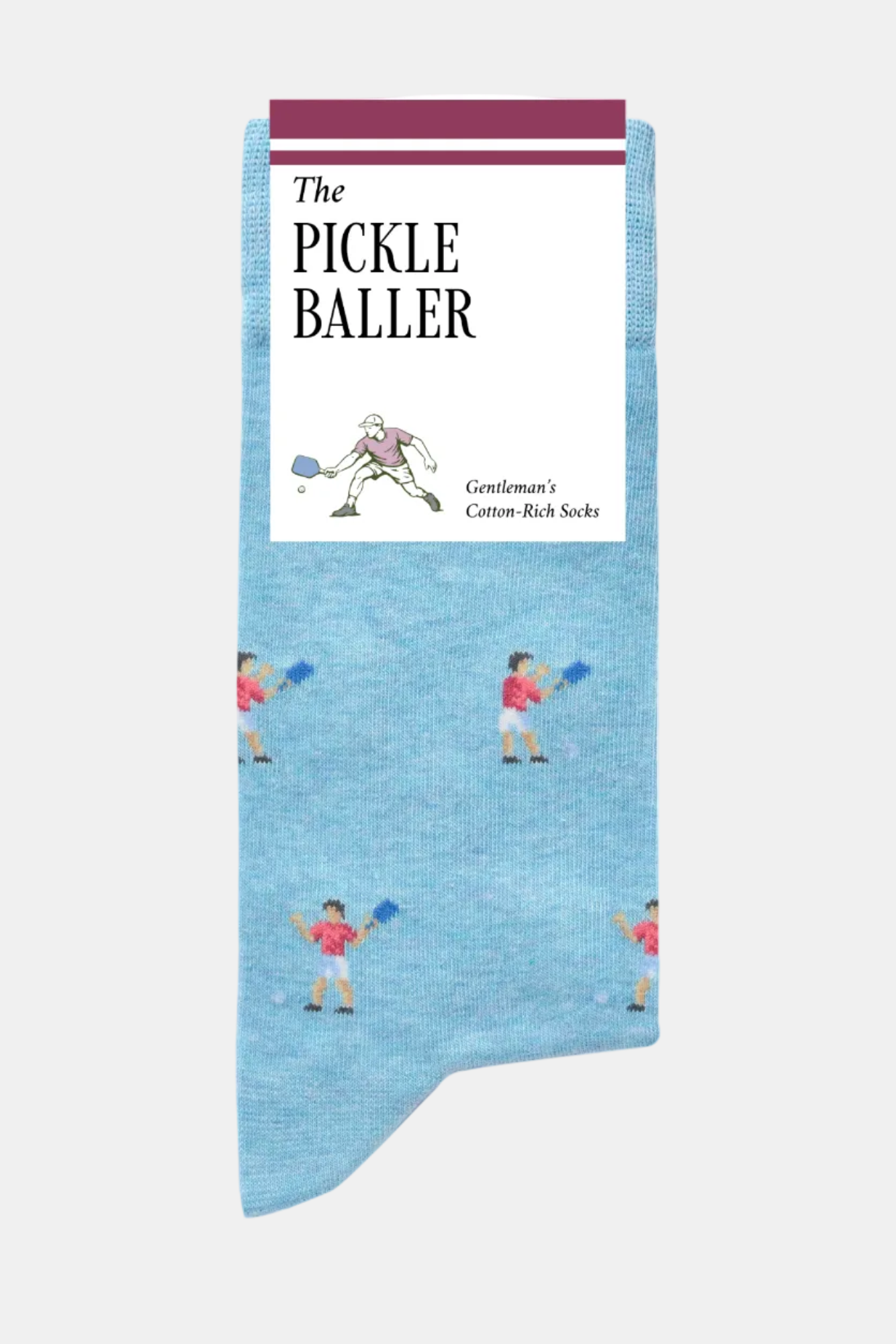 Blue sock with pickleball player design and 'The Pickle Baller' label on a white background