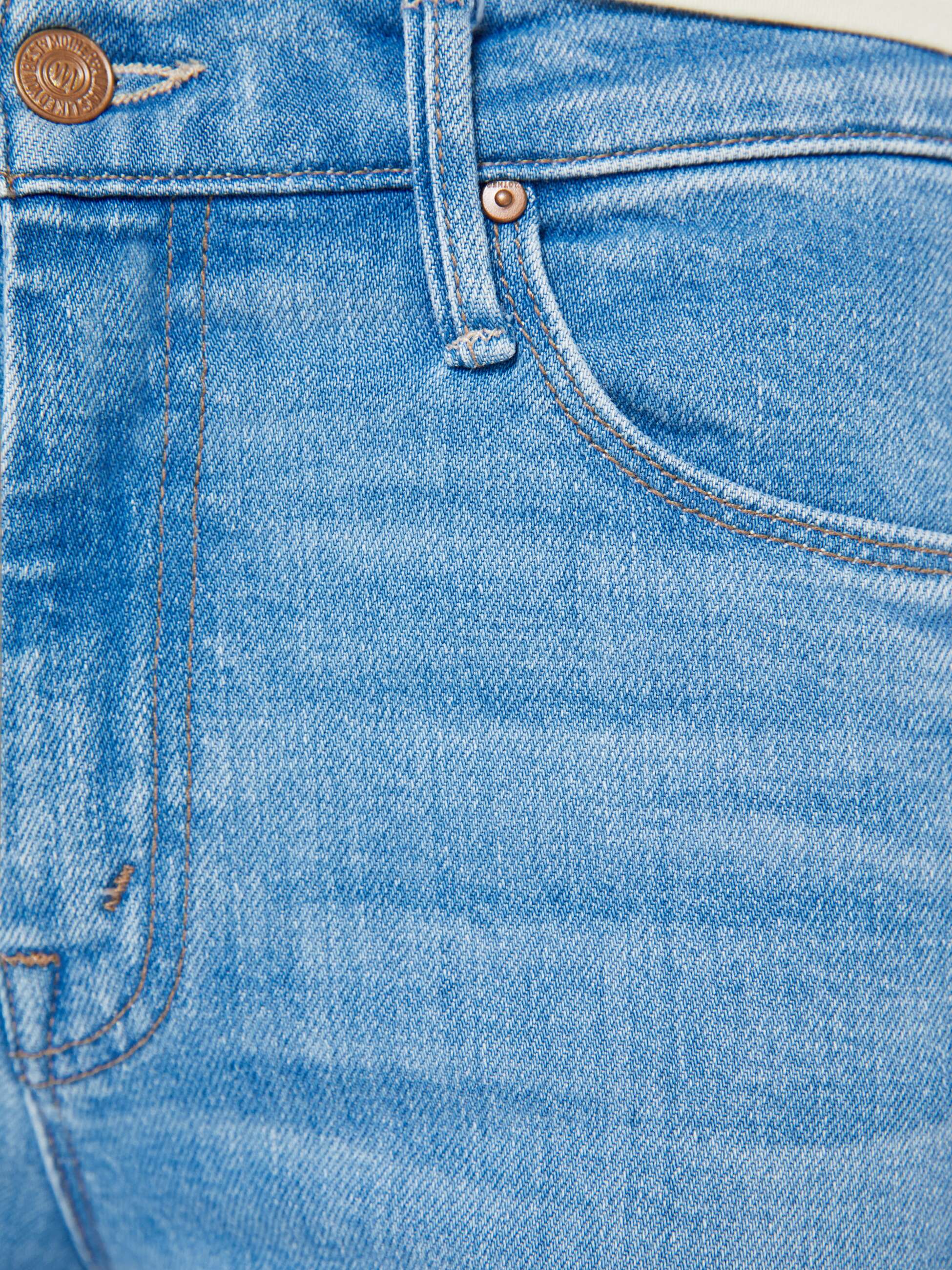 Close-up of blue denim jeans with stitching details