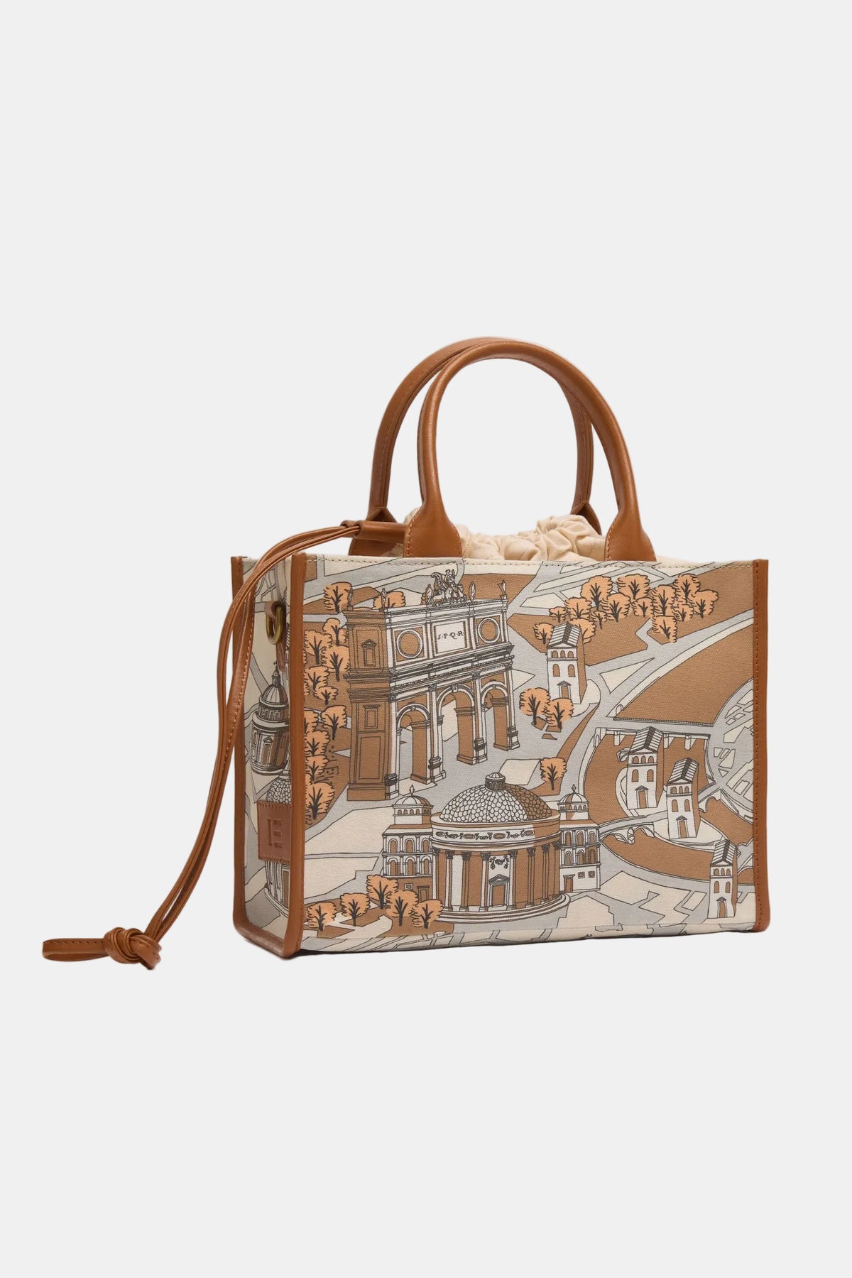 A structured tote bag with tan leather handles and trim, featuring a detailed architectural cityscape illustration in beige, brown, and gray tones on the front panel.