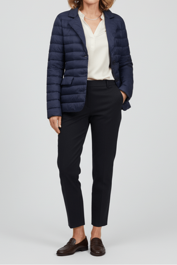 Woman wearing a navy puffer jacket, white shirt, black pants, and brown shoes on a light gray background