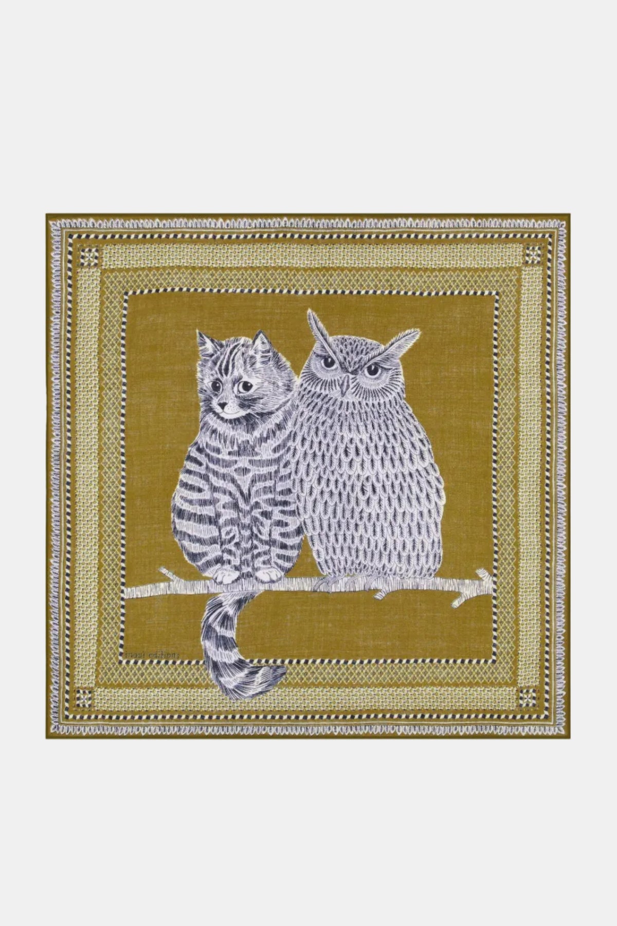 A square decorative scarf featuring two owls perched on a branch, with a striped gray-and-white owl and a white owl on a mustard-yellow background, surrounded by an ornate patterned border.