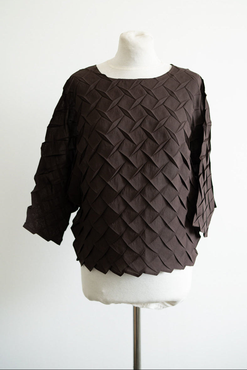 Brown textured sweater on a mannequin against a white background