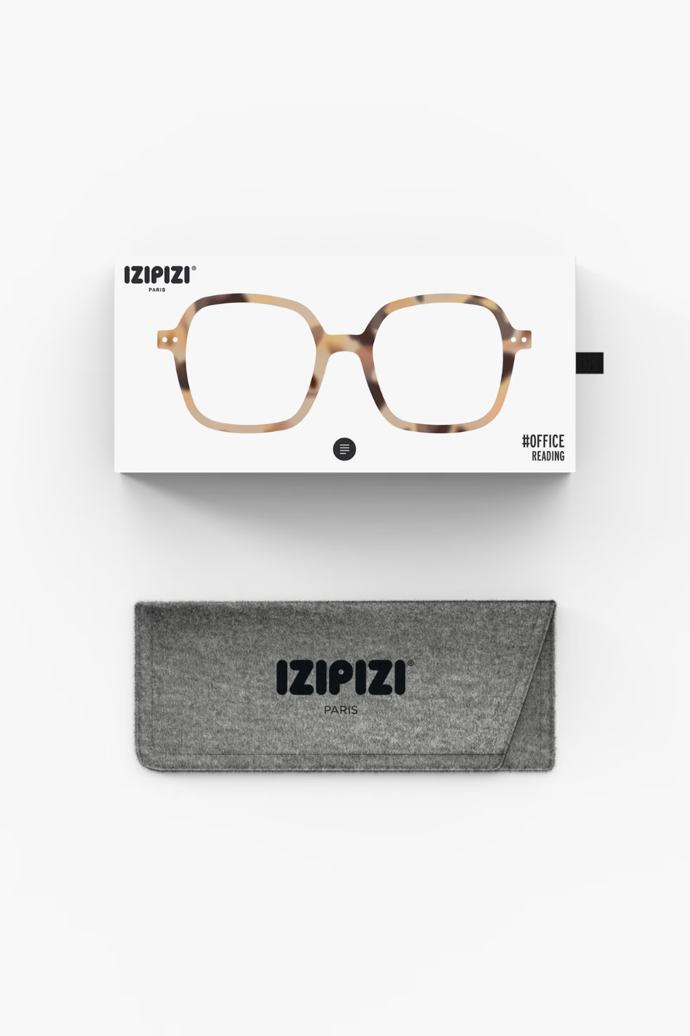 IZIPIZI eyeglasses with packaging and case on a white background
