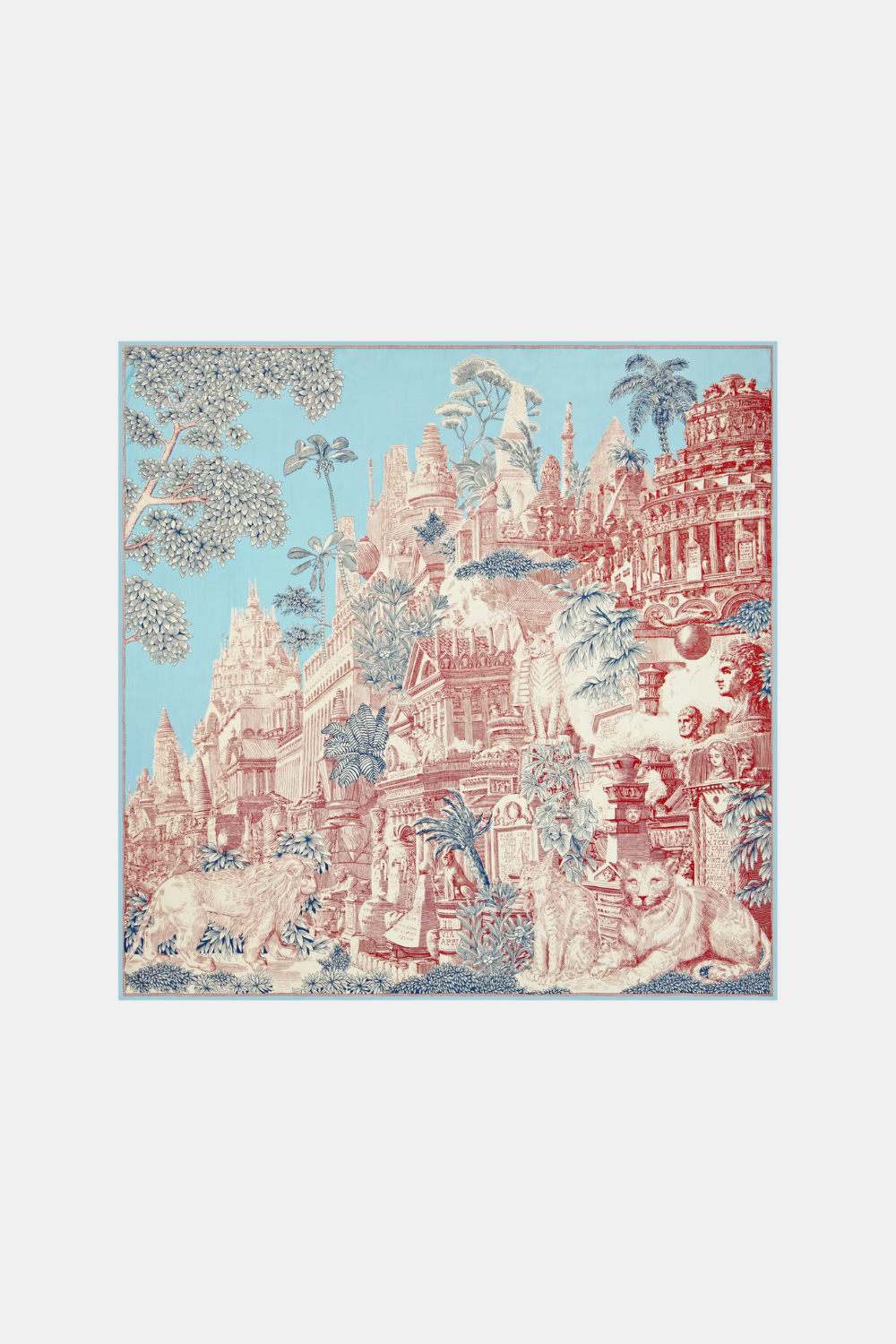 A square textile or art print featuring an intricate architectural toile-style scene in pale blue, pink, and white, centered on a light gray background.