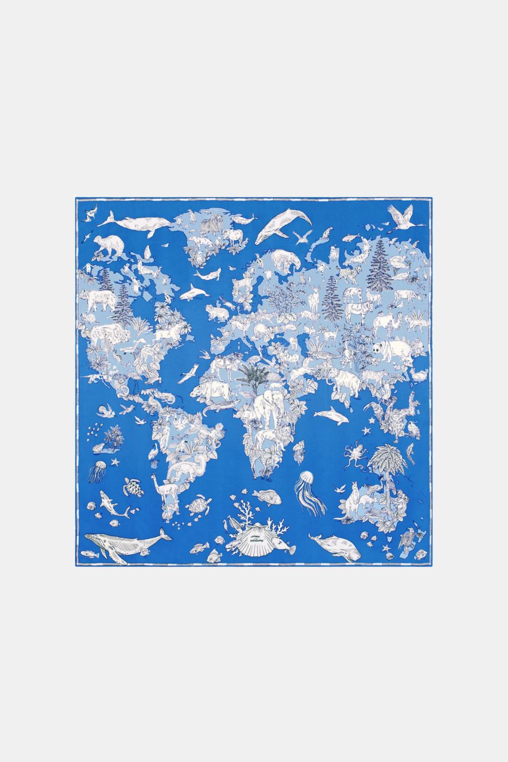 A square scarf featuring a world map design in blue and white, decorated with various marine and land animals, shown against a light gray background.