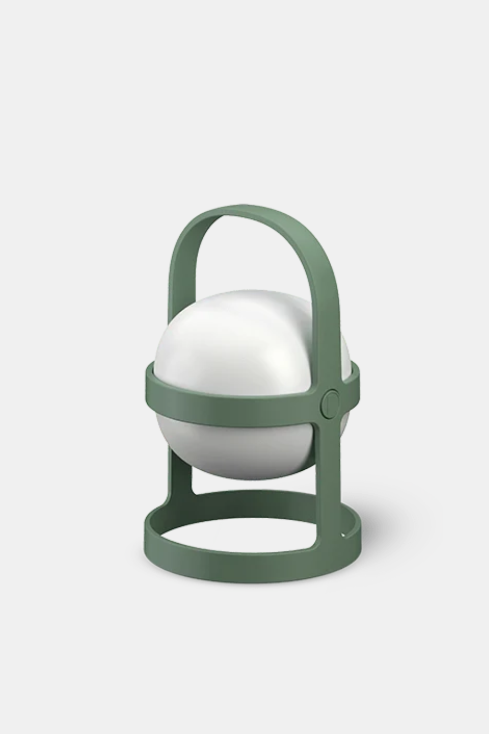 A modern spherical lamp with a white globe shade and a sage green metal frame and handle, shown on a light gray background.