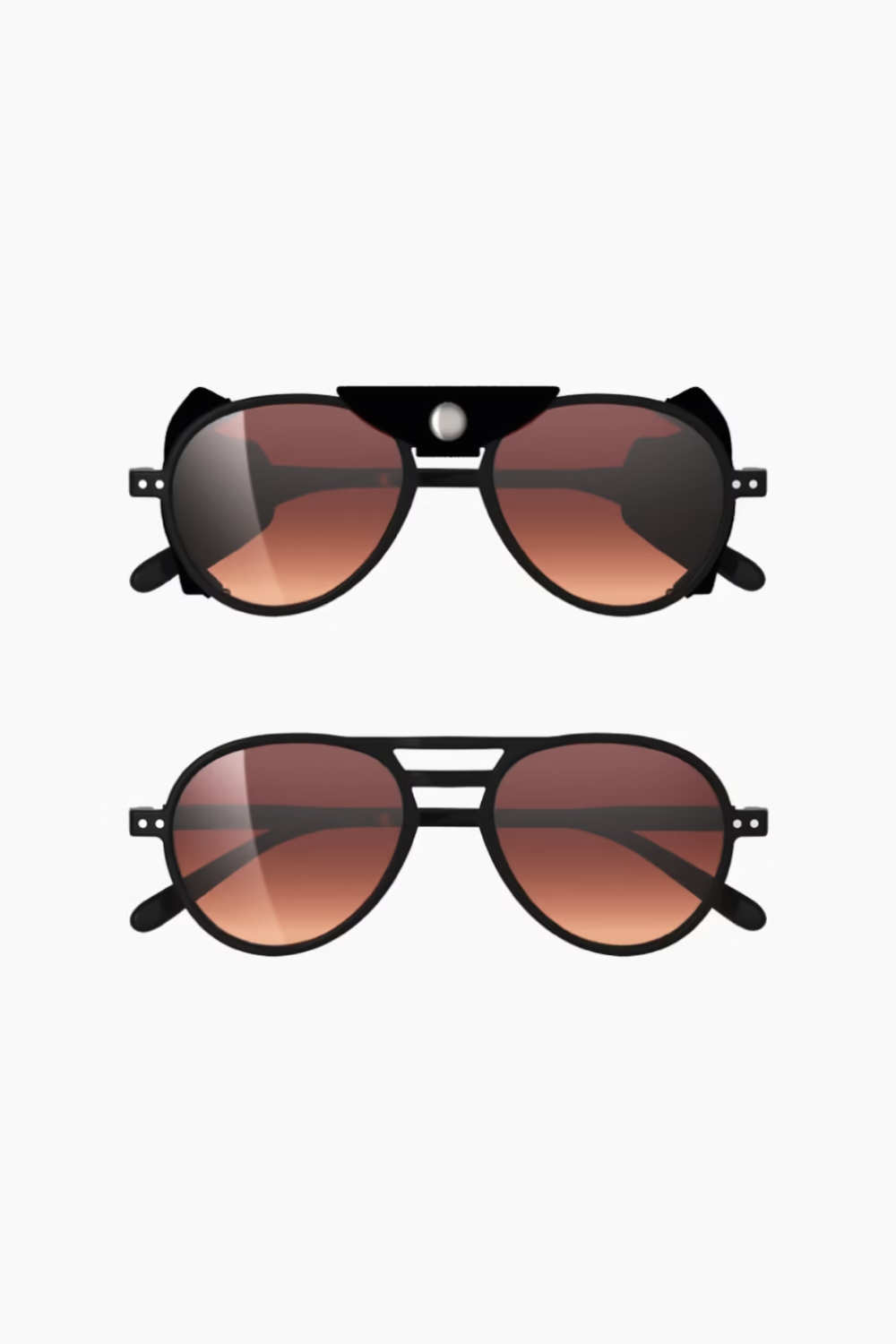 Two pairs of sunglasses shown from the front on a plain light background. The top pair has a black frame with a small round silver detail at the bridge and brown-tinted lenses.