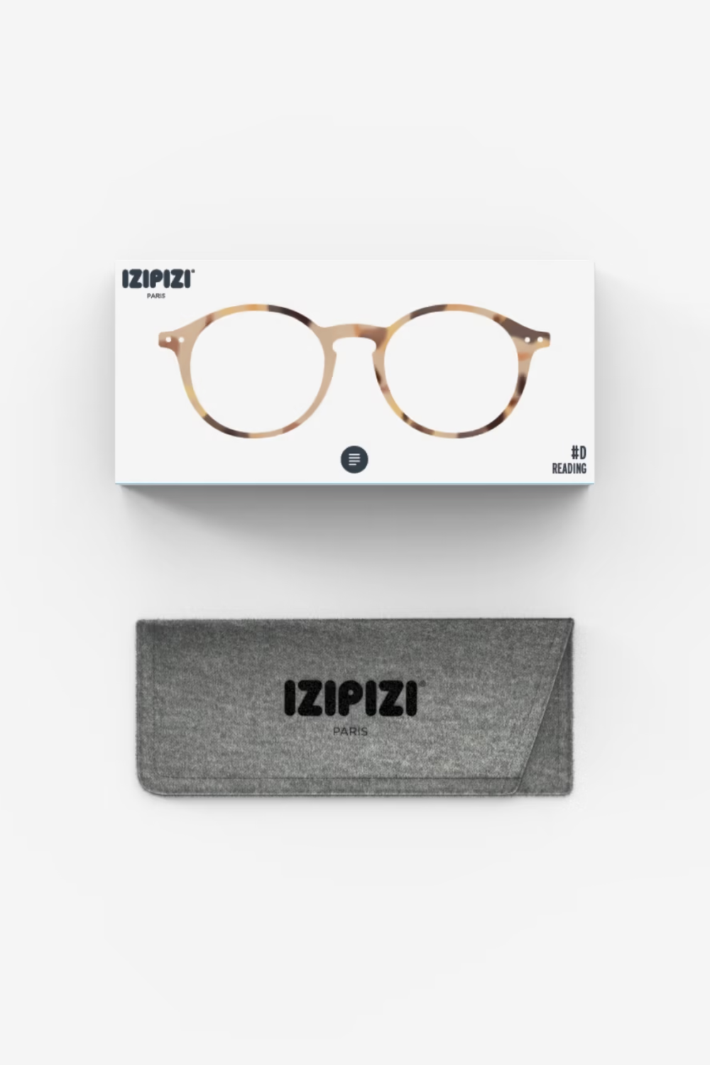 Izipi glasses packaging and case on a light gray background. The top box shows round tortoiseshell-style eyeglass frames, and the bottom item is a gray fabric case with the Izipi logo.