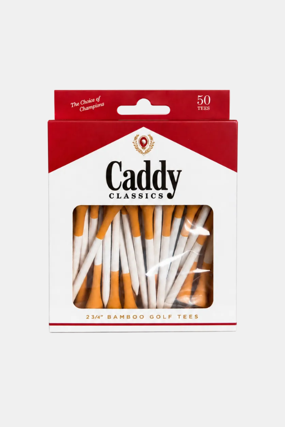 Caddy Classics golf tee packaging with 50 tees on a white background