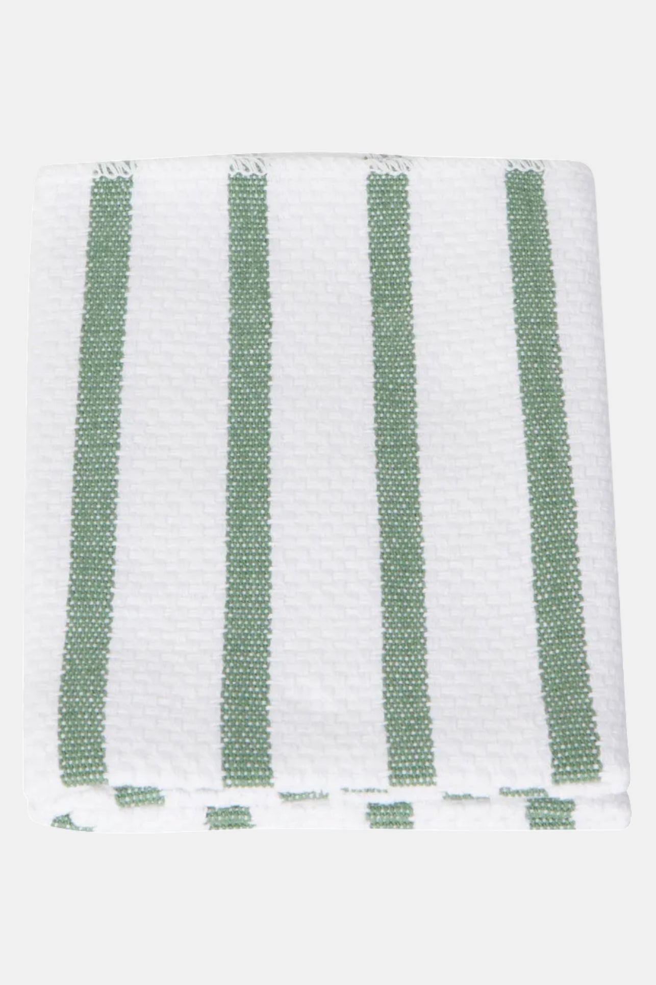 White towel with green stripes on a white background
