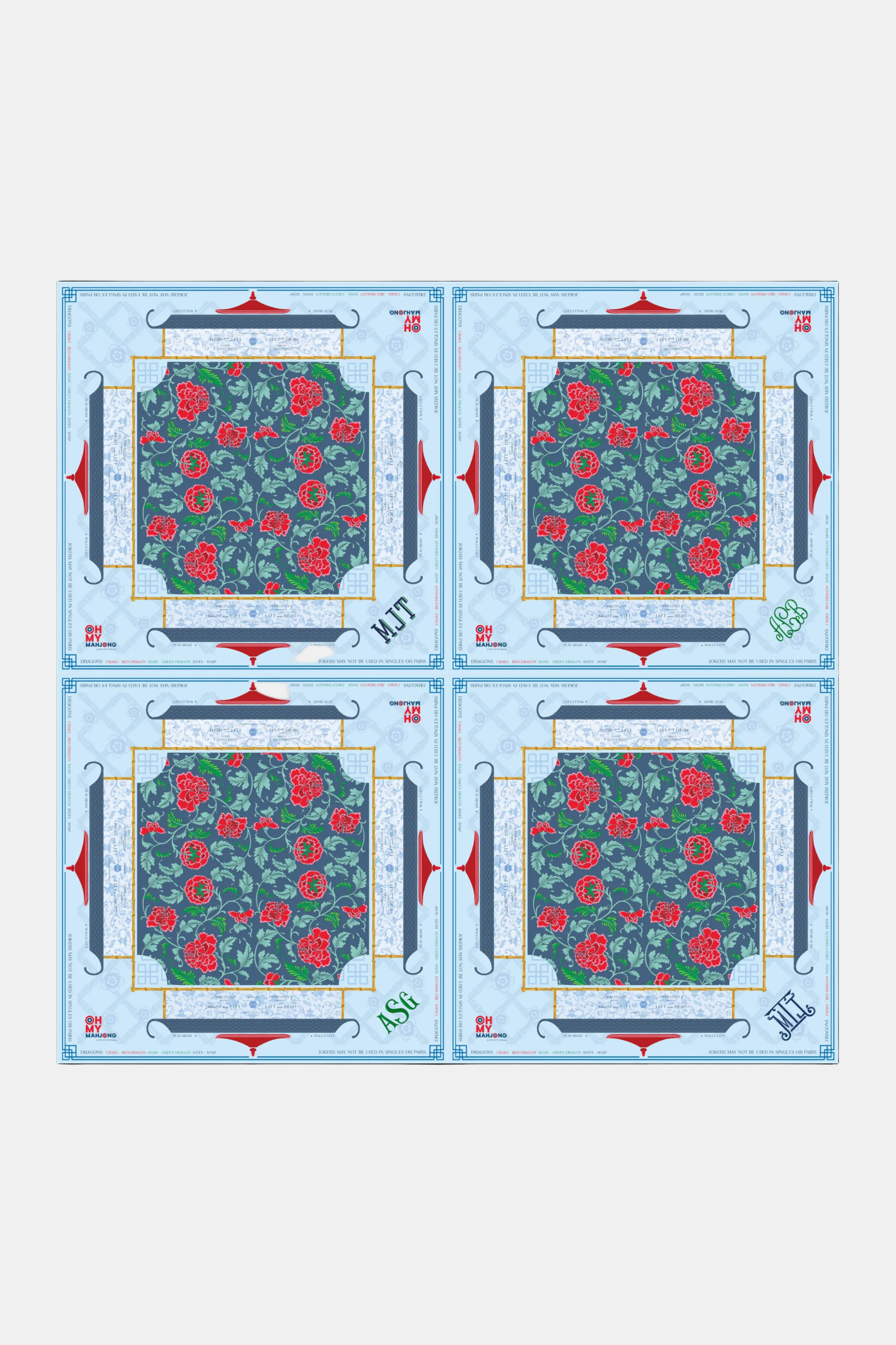 Four identical panels with floral design and text on a blue background