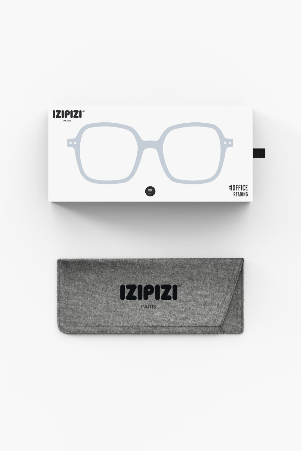 IZIPZI Office Reading eyeglasses packaging box in white with a light blue glasses graphic, shown above a gray textured fabric lens pouch with black IZIPZI branding on a clean white background.
