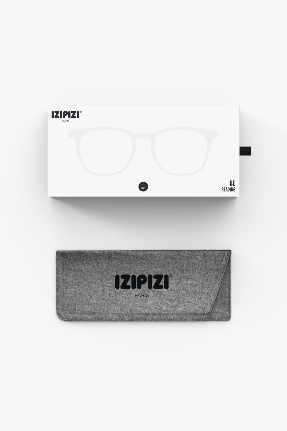 IZIPIZI eyeglasses with packaging and pouch on a white background