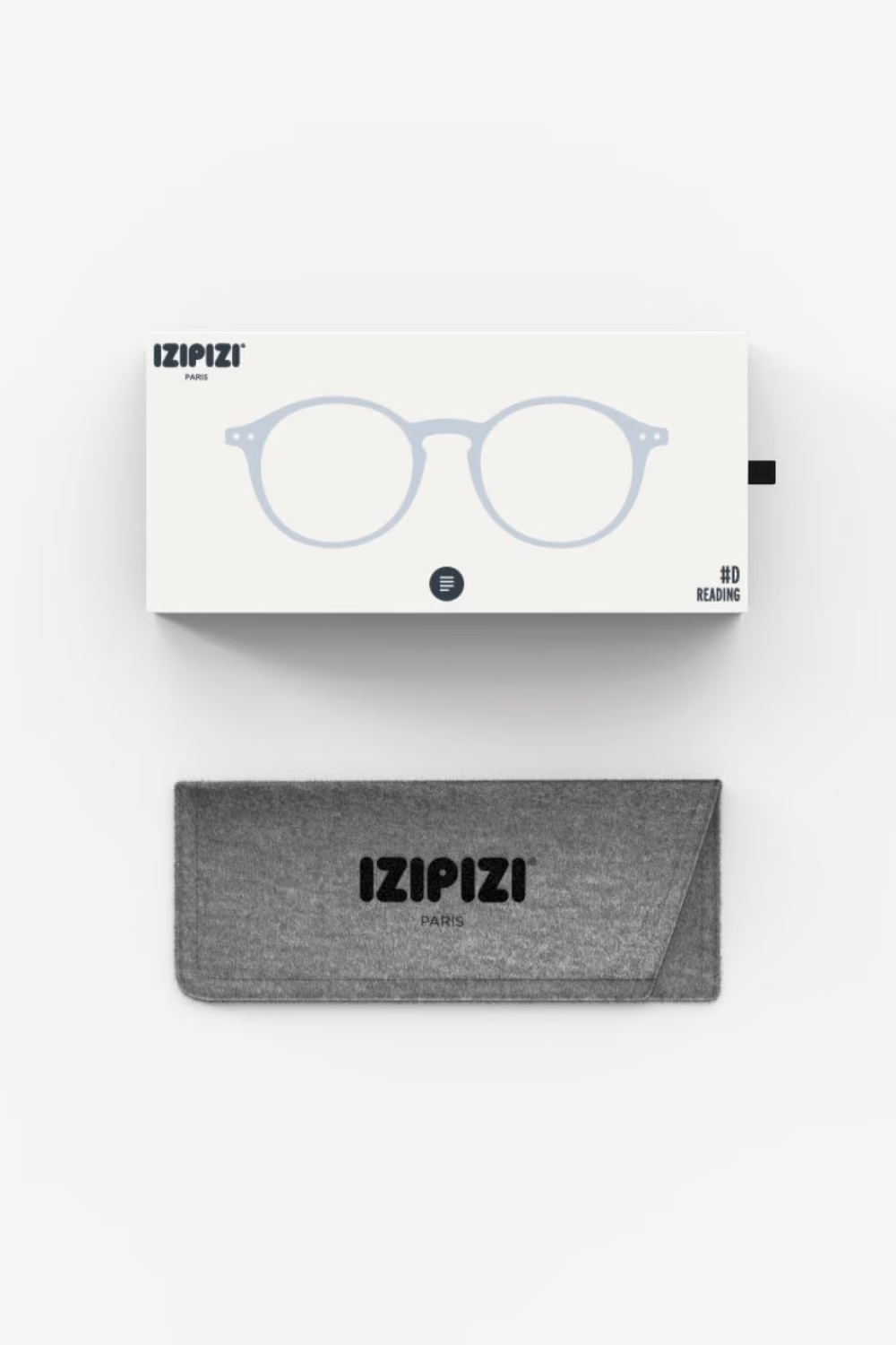 IZIPIZI eyeglasses with packaging and pouch on a white background