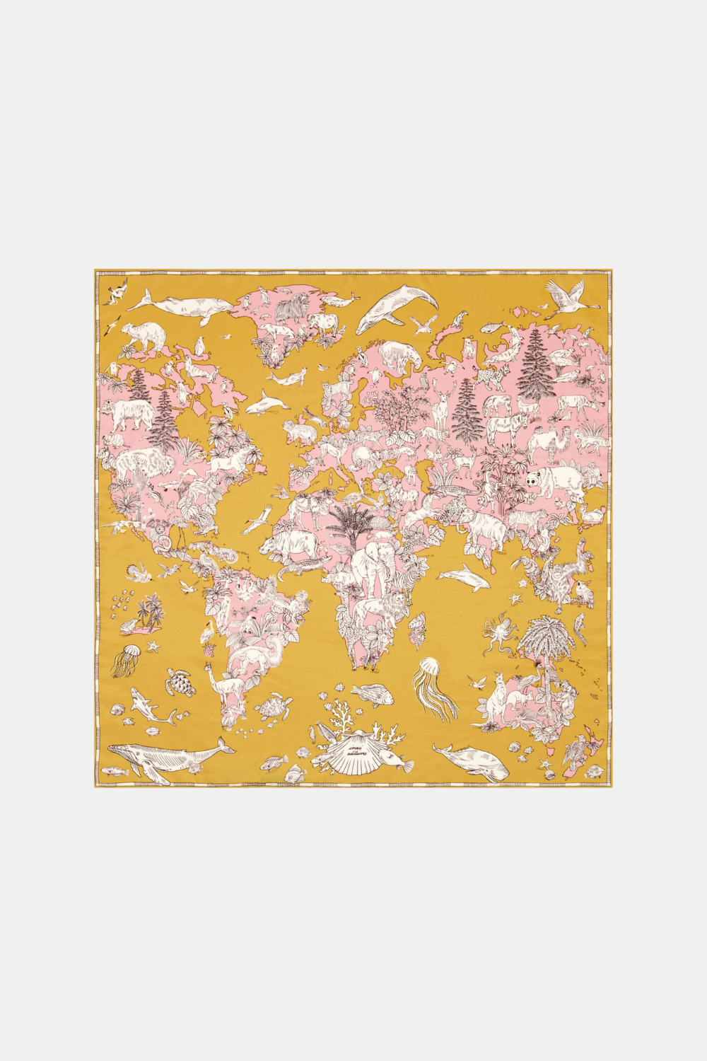 A square scarf featuring a whimsical world map design in pink and white illustrations over a mustard yellow background, shown flat against a light gray backdrop.