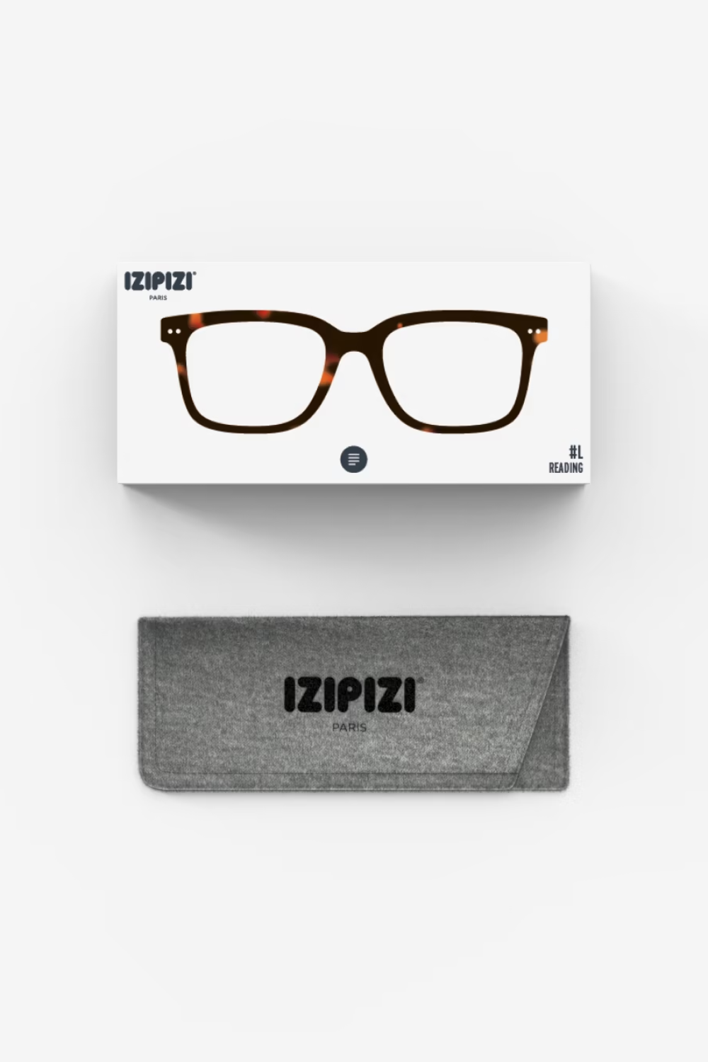 IZIPIZI eyeglasses with packaging and pouch on a white background