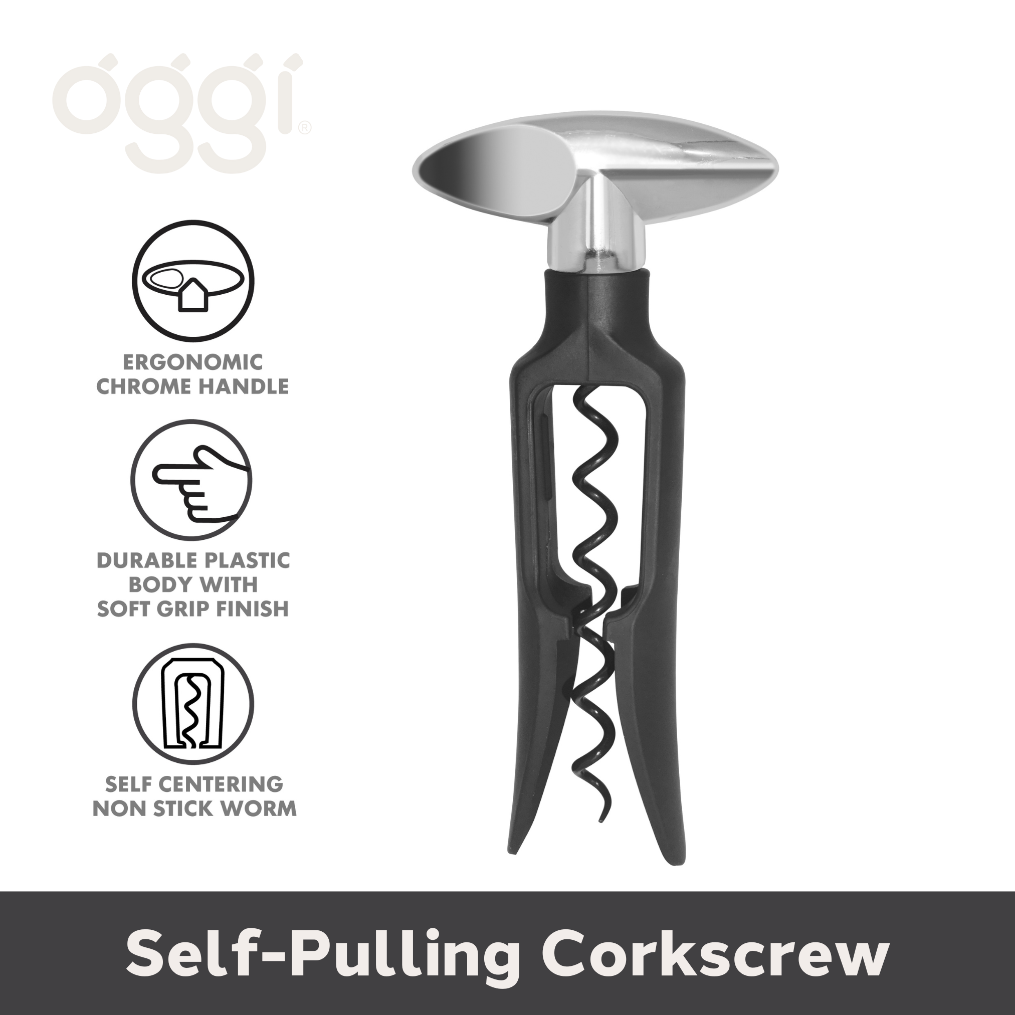 Self-pulling corkscrew with ergonomic chrome handle and durable plastic body on a white background