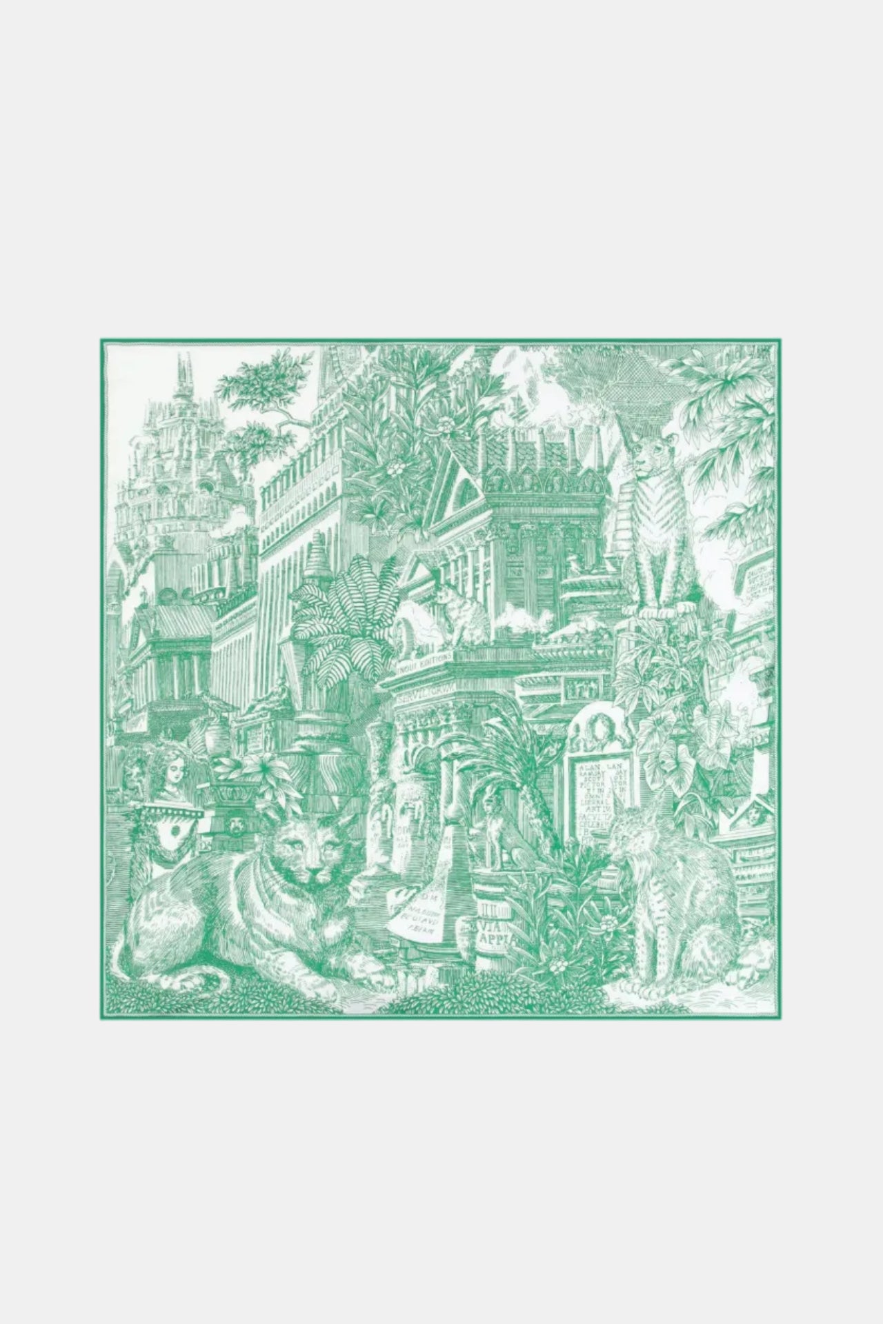 Detailed illustration of a fantasy landscape with architecture and creatures in green on a white background