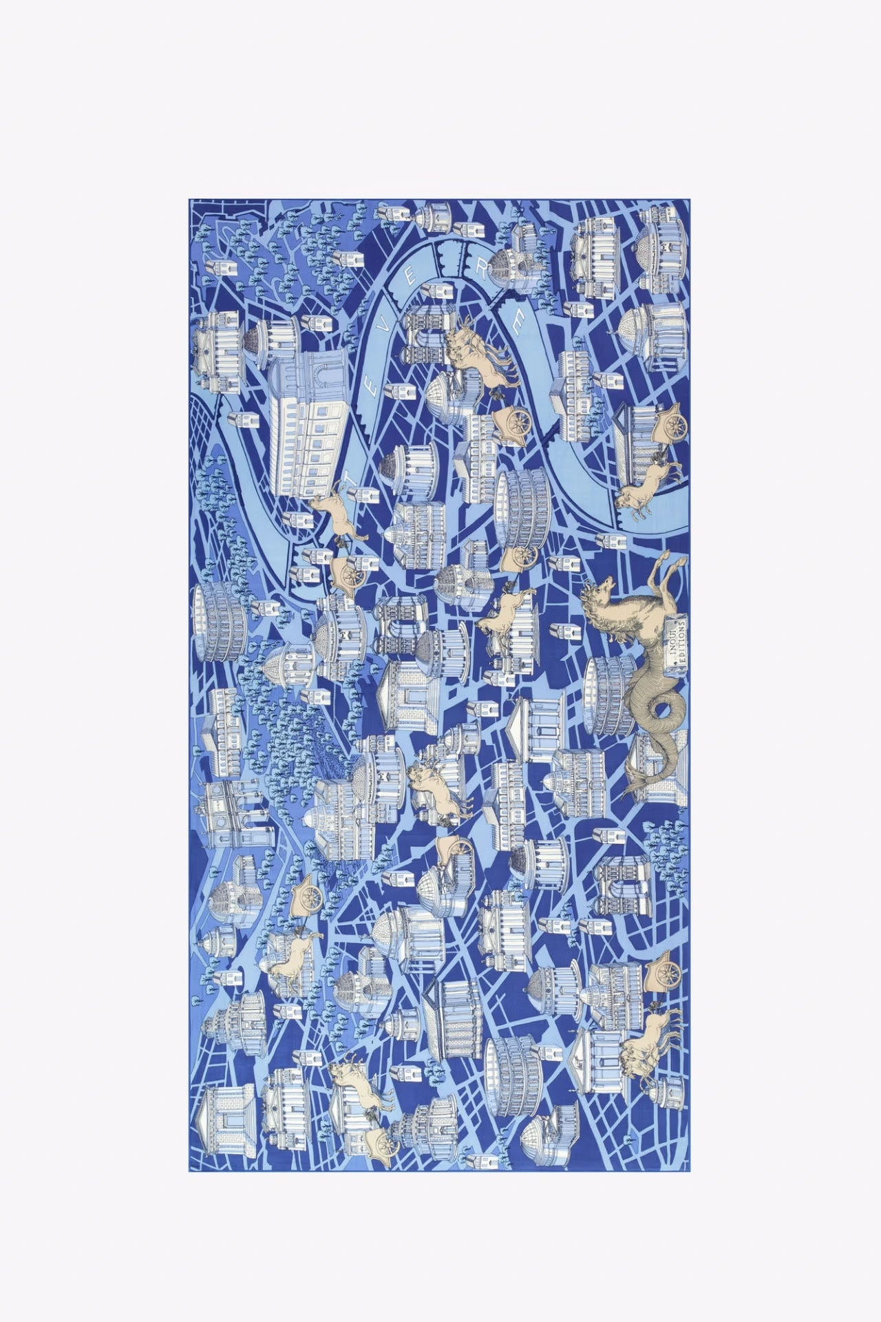 A rectangular scarf featuring an intricate city map pattern in shades of blue, white, and gold, displayed flat against a light gray background.
