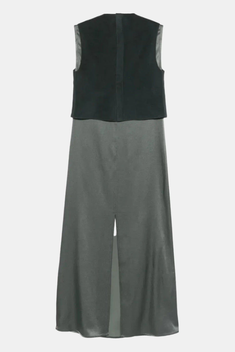 Long dress with black top and gray skirt on a white background