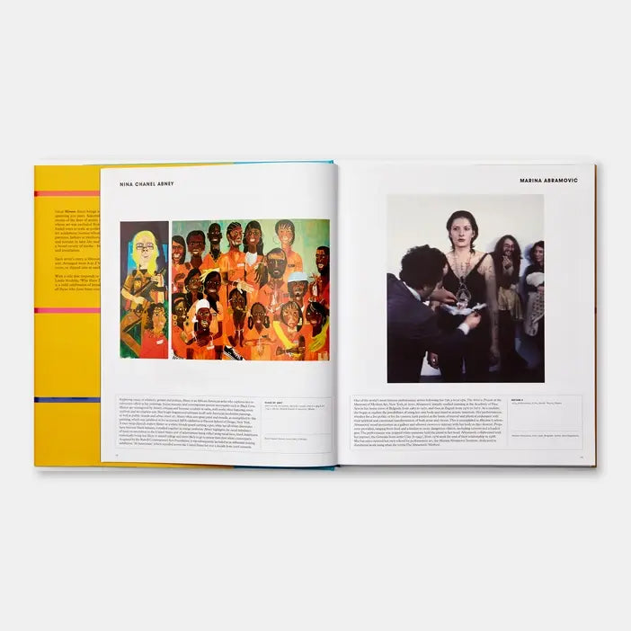 Open book showing pages with artistic images and text on a white background