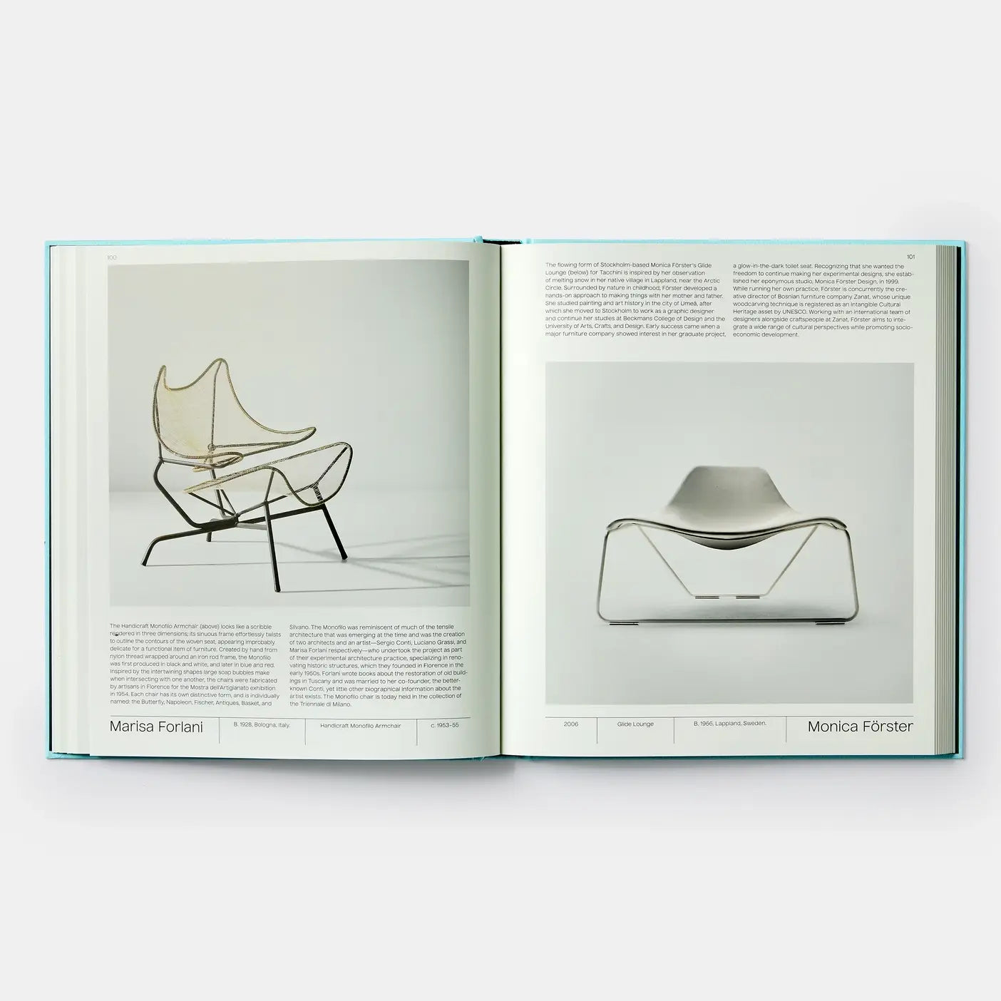 Open book showing images of modern chairs with text on a white background