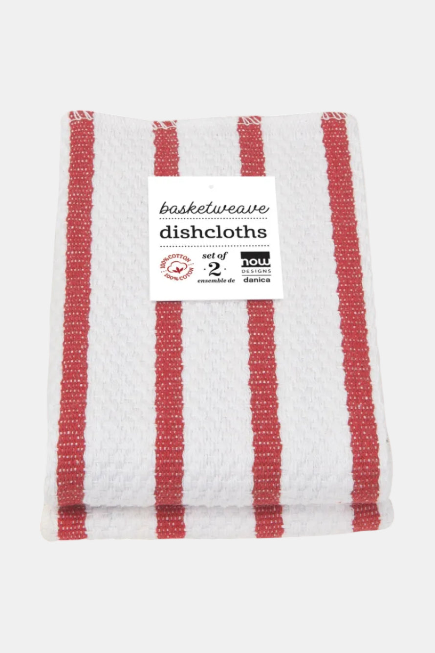 Red and white striped dishcloth with a packaging label on a white background