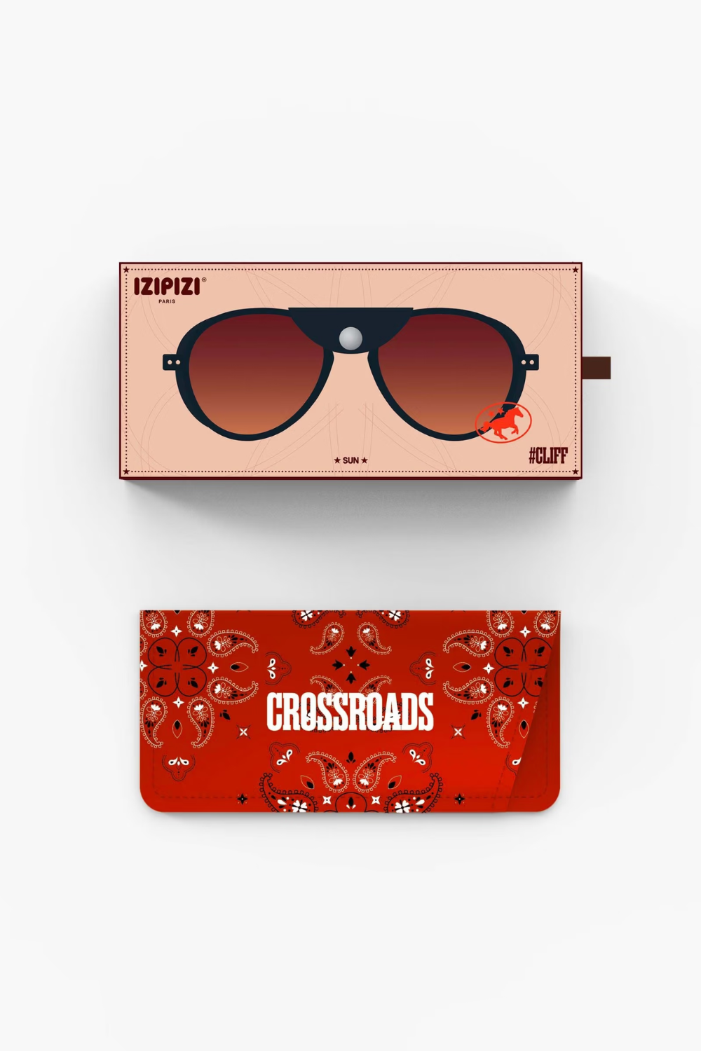 A pair of sunglasses displayed above their packaging on a light gray background. The top box is peach with a graphic of the sunglasses, showing the brand 'IZIPIZI'.