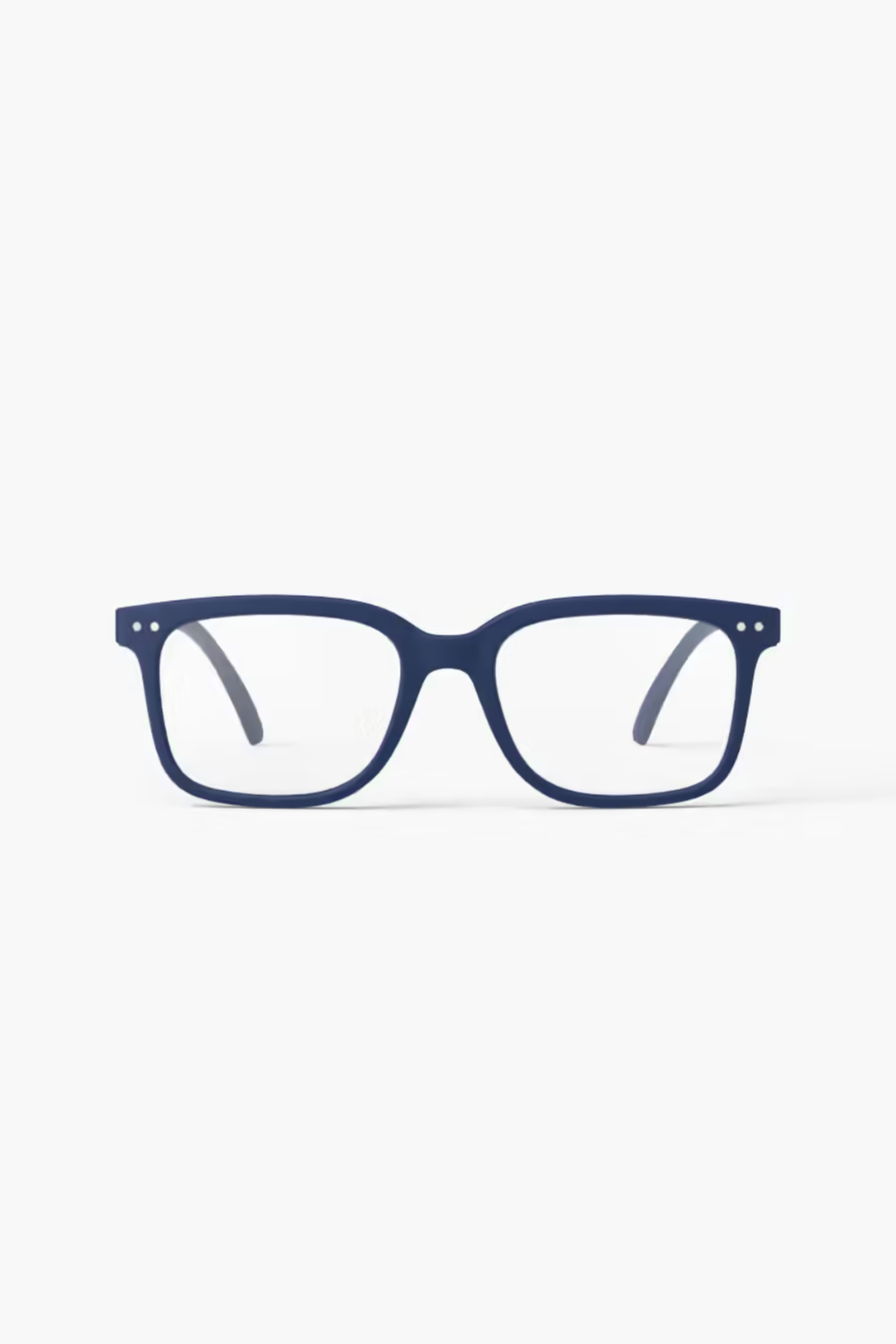 A pair of thick navy blue eyeglass frames with clear lenses, shown from the front against a solid white background.