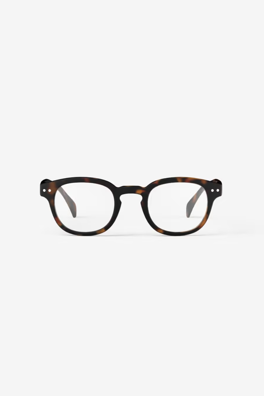 Round eyeglasses with a dark brown and black tortoiseshell frame, shown from the front on a light gray background.