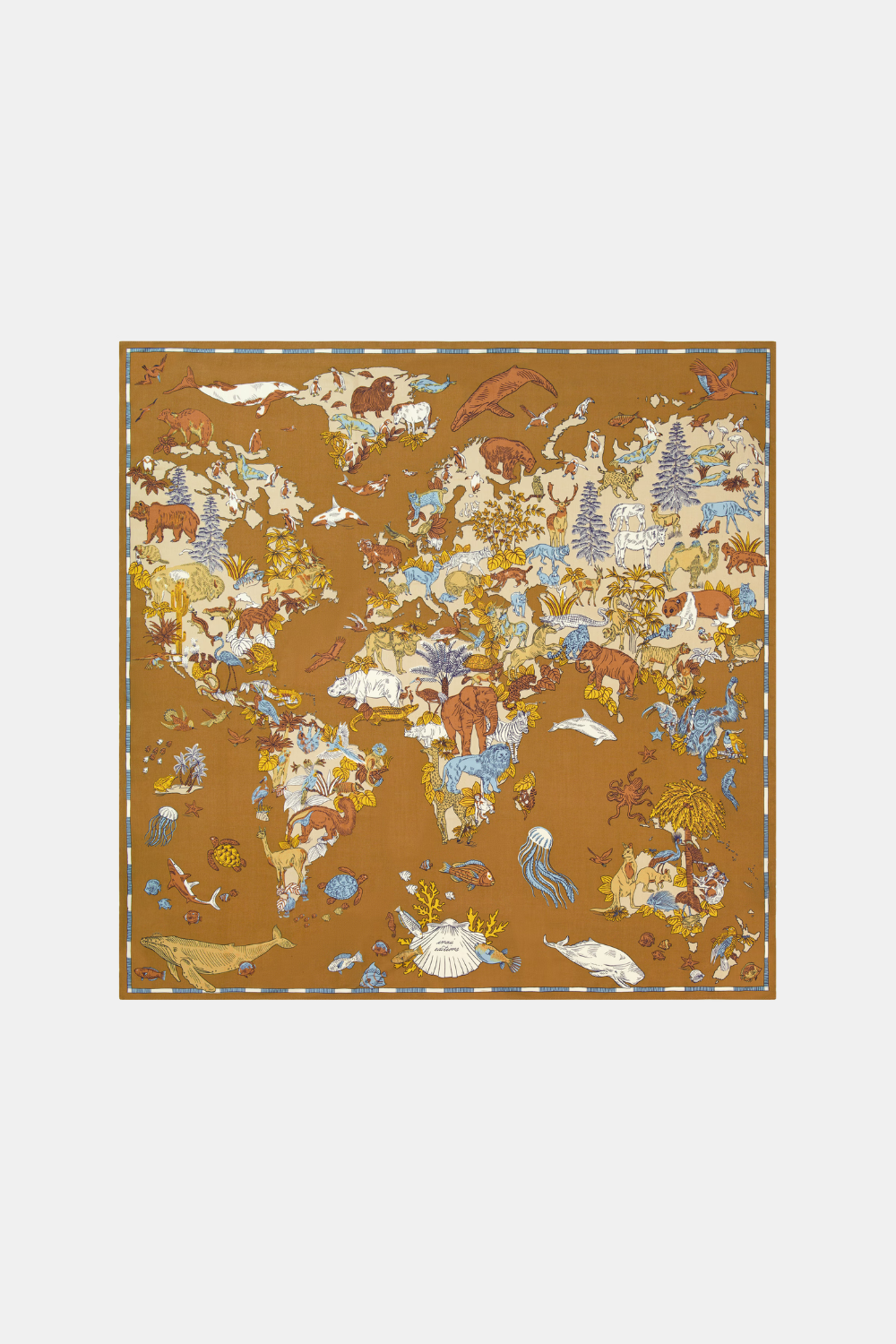 A square scarf featuring a whimsical world map design in warm brown, beige, and light blue, with illustrated animals and nature motifs across the surface.