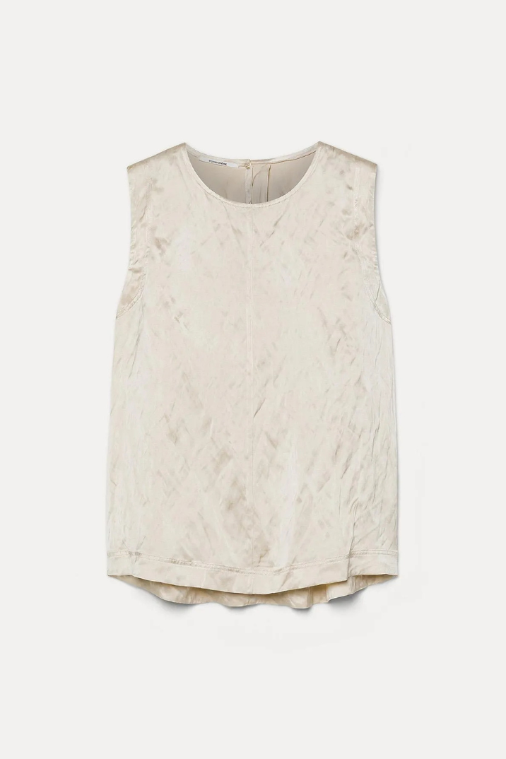 A sleeveless, scoop-neck top in a textured, crinkled off-white fabric, displayed flat against a light gray background.